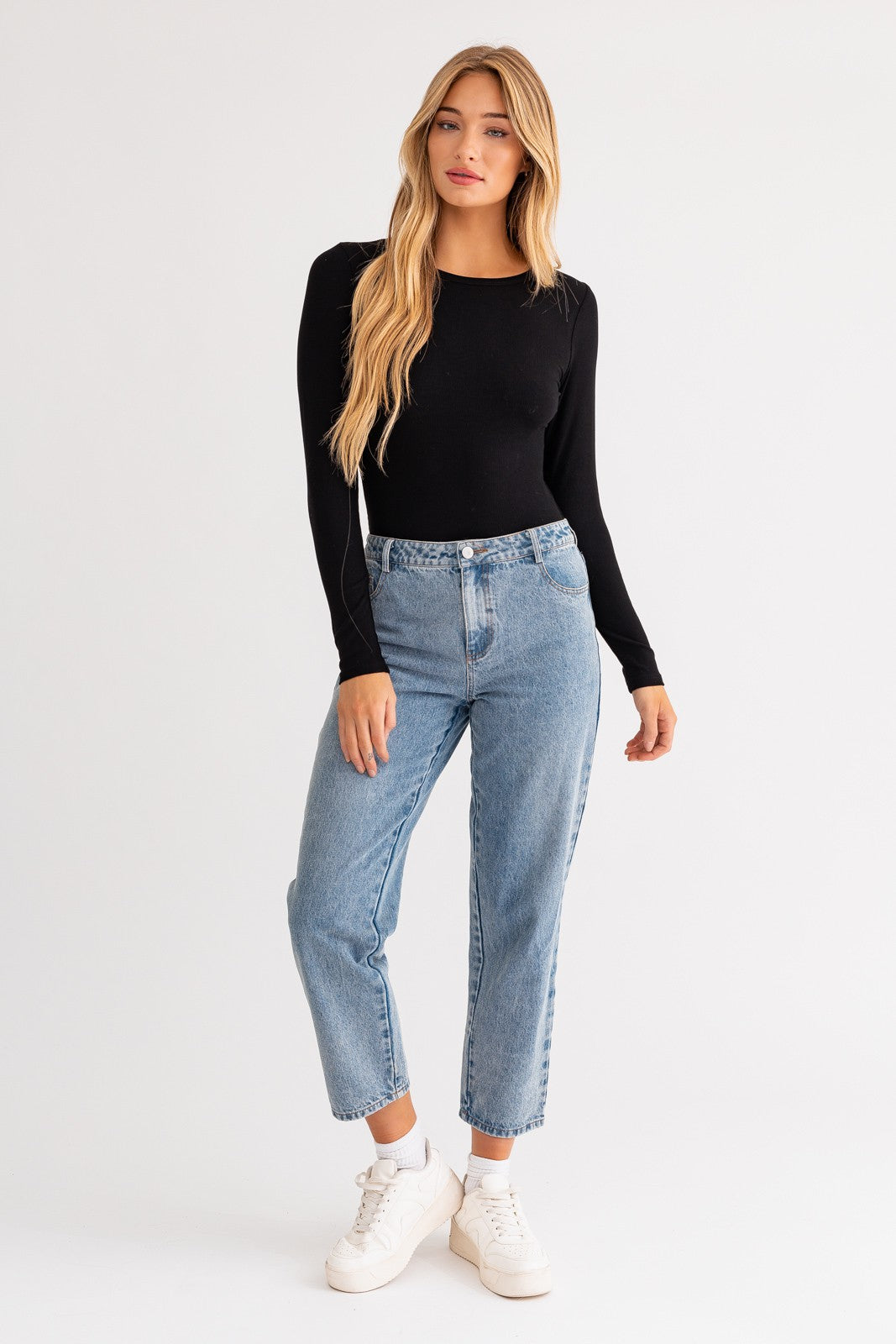 Essential Long Sleeve Ribbed Knit Stretch Knit Bodysuit - Black