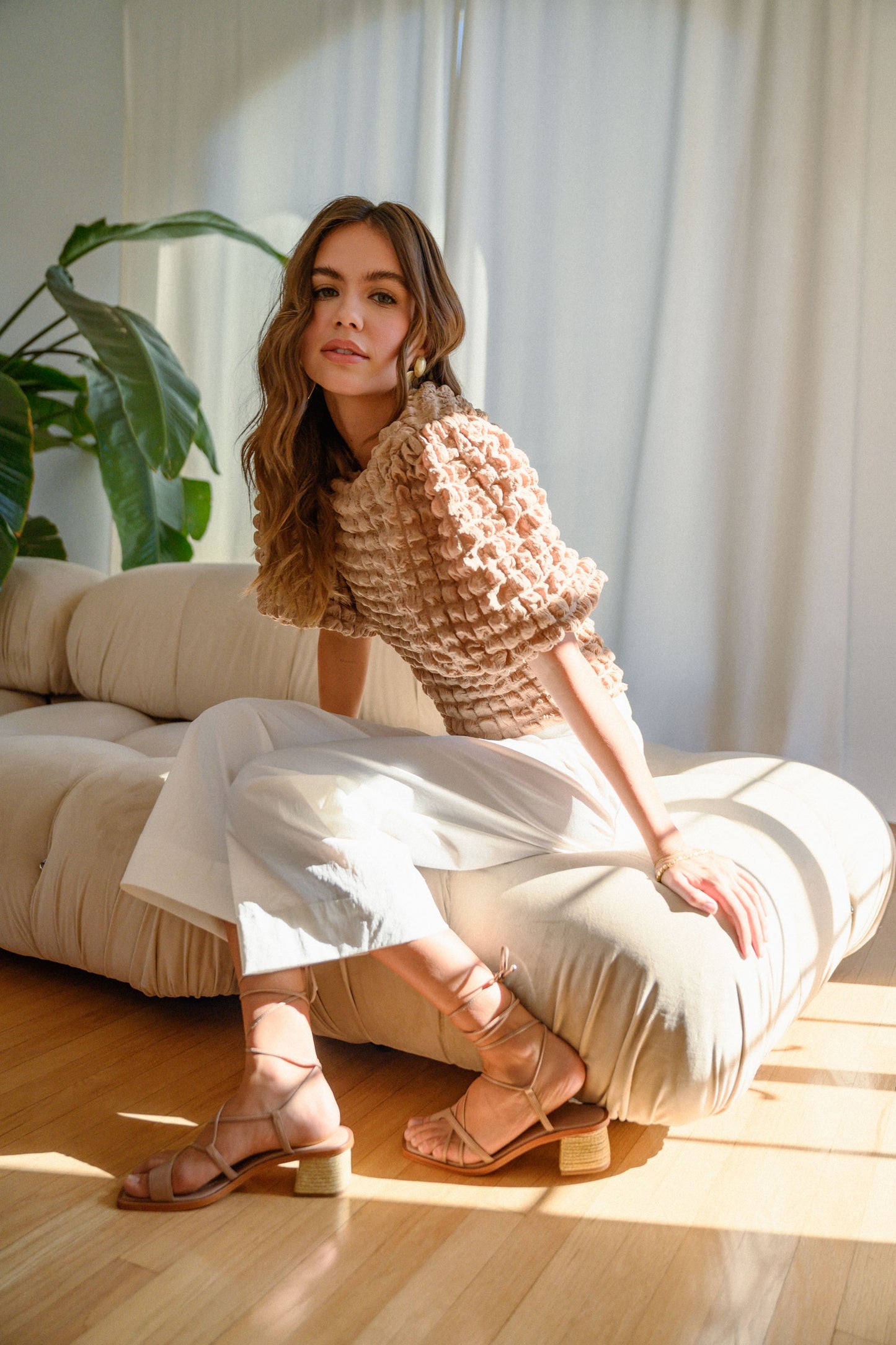 Colette Square Puff Texture Fabric Balloon Sleeve Cropped Blouse - Tan