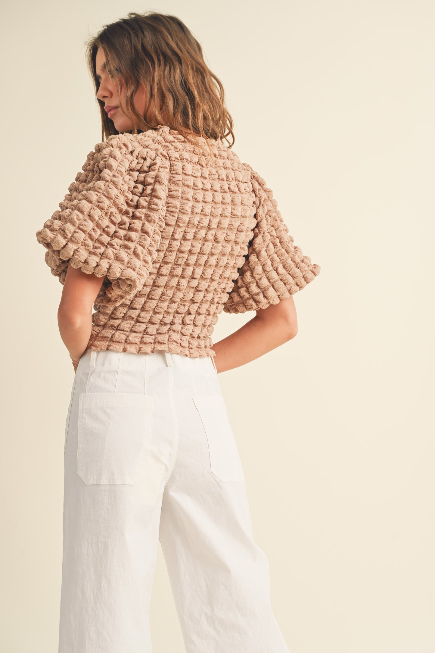 Colette Square Puff Texture Fabric Balloon Sleeve Cropped Blouse - Tan