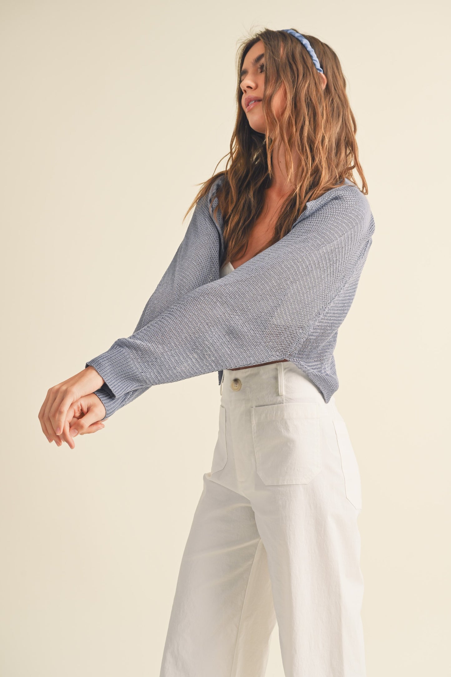 Aimée Lightweight Long Sleeve Crochet Cropped Open Cardigan - Blue
