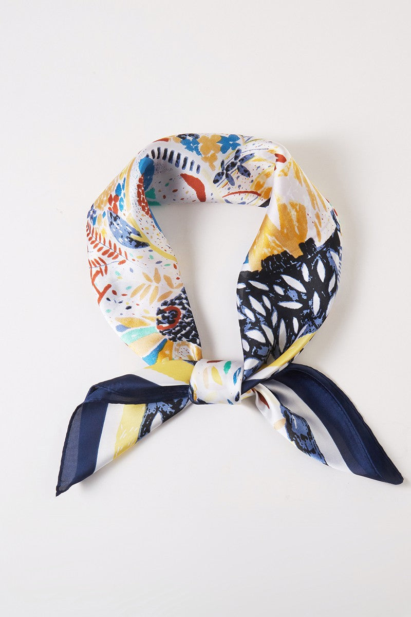 Abstract Leaf Print Silky Square Bandana Scarf - Navy Multi