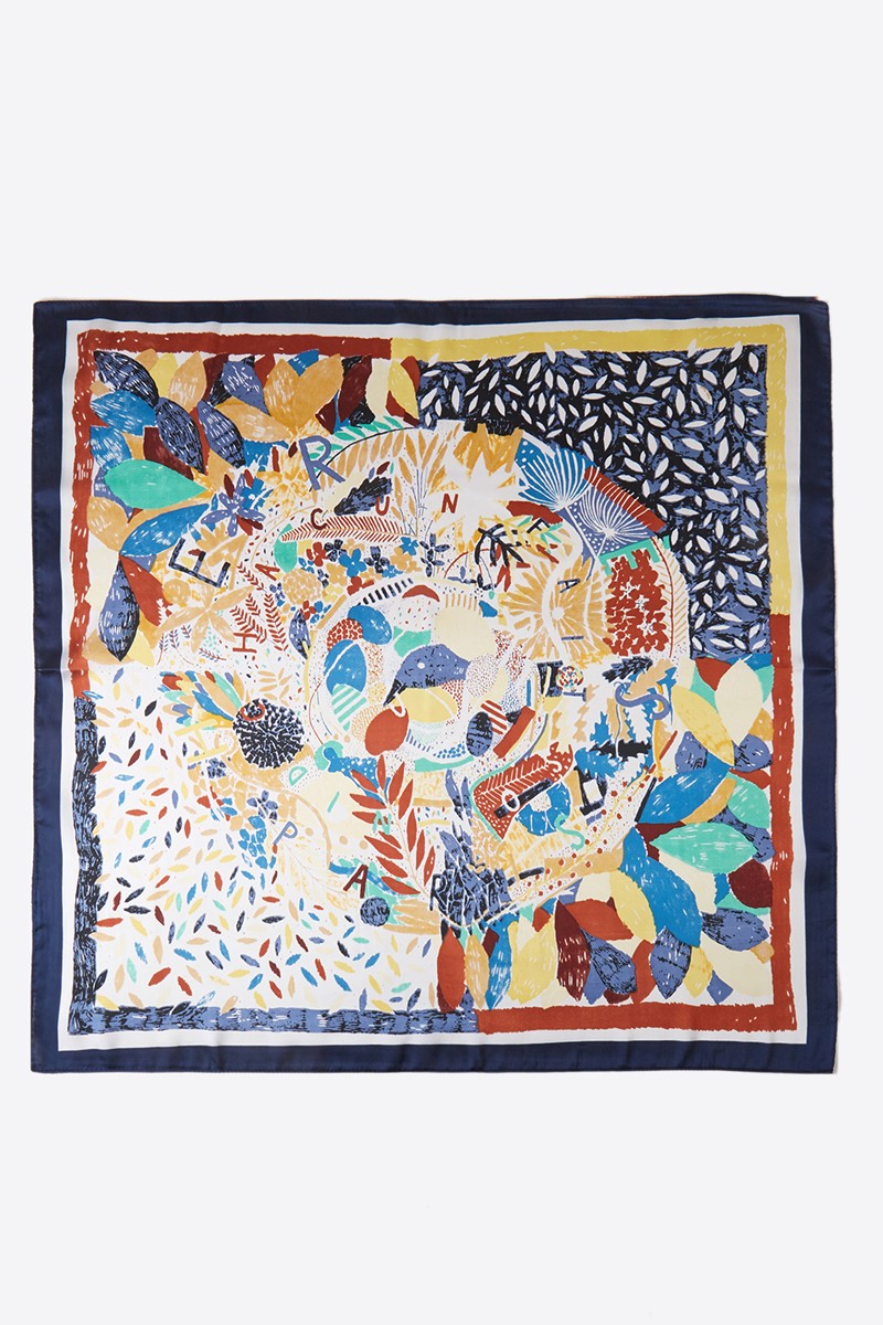 Abstract Leaf Print Silky Square Bandana Scarf - Navy Multi