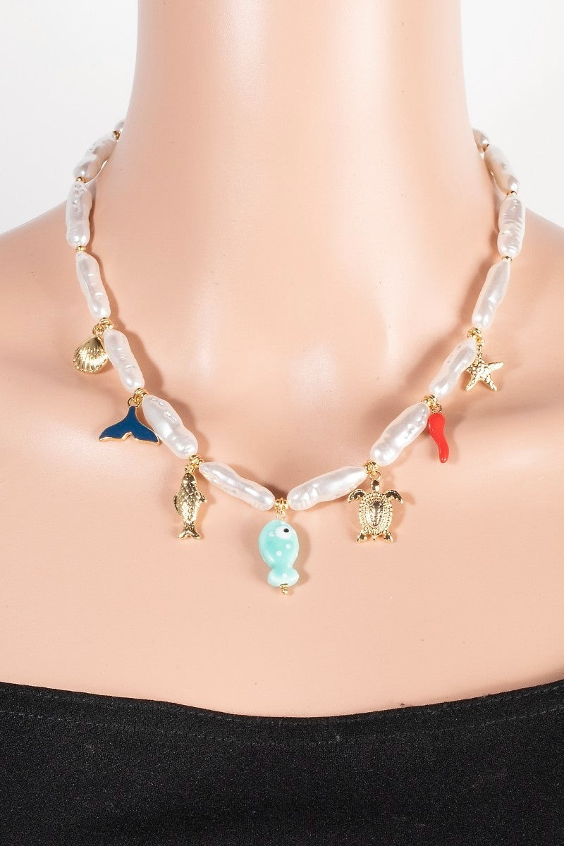 Under the Sea Pearl Beaded Charm Necklace - Red Multi