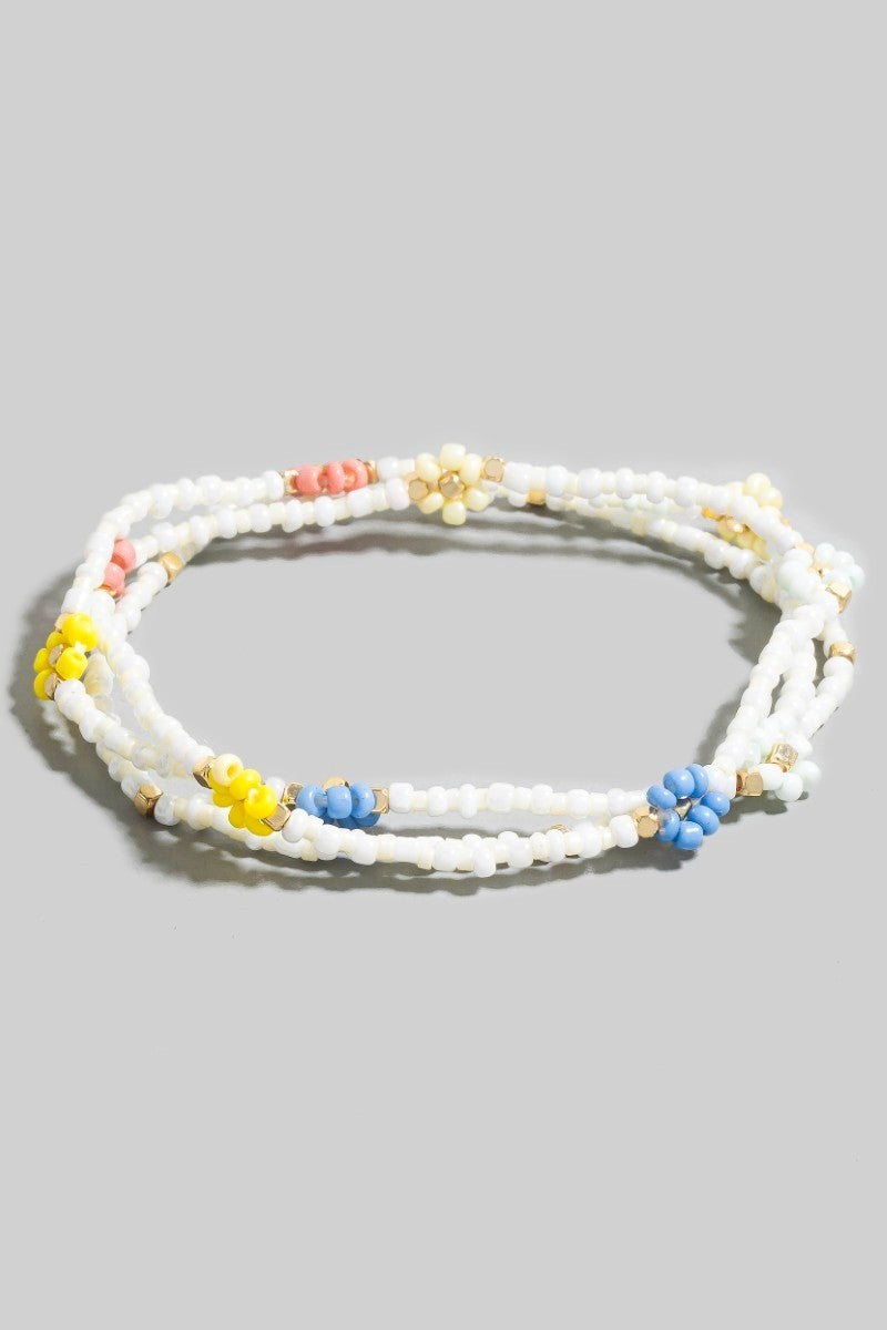 Pastel Dainty Beaded Flower Bracelet Set - White Multi