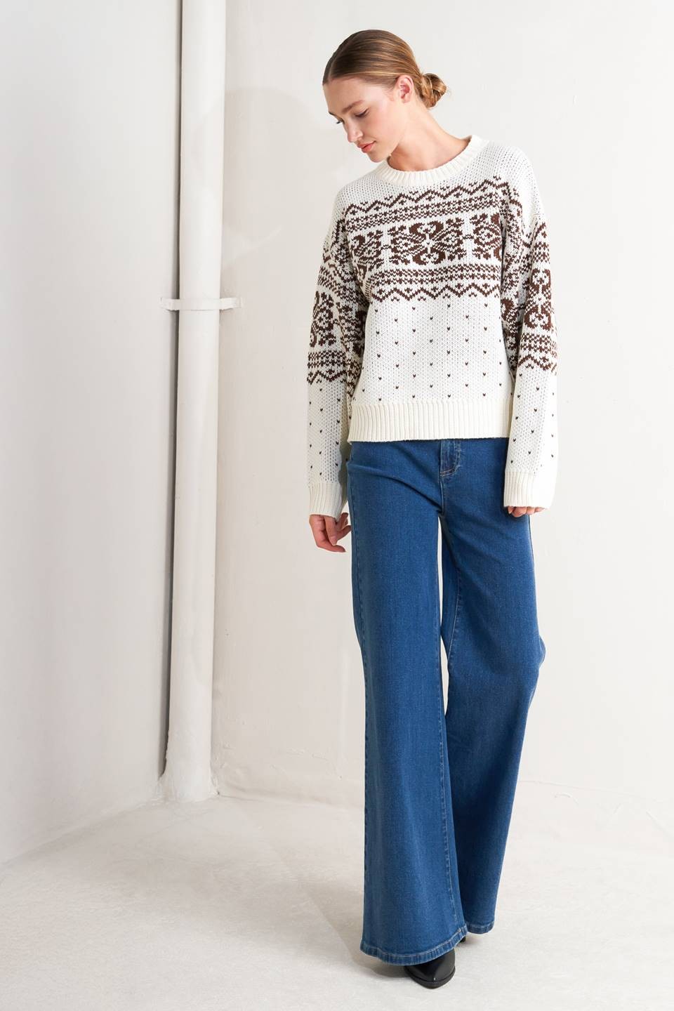 Baylie Fairisle Winter Print Long Sleeve Knit Sweater - Ivory Multi