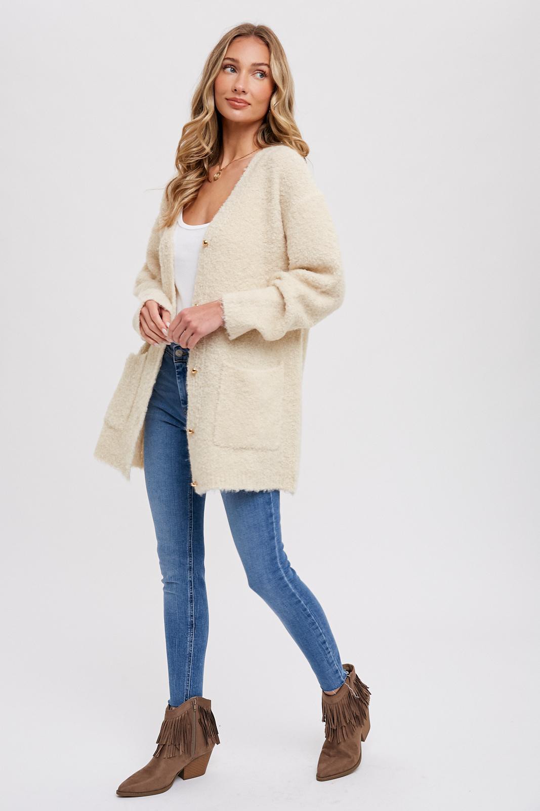 Holborn Long Sleeve Soft Fuzzy Drape Front Cardigan - Oatmeal