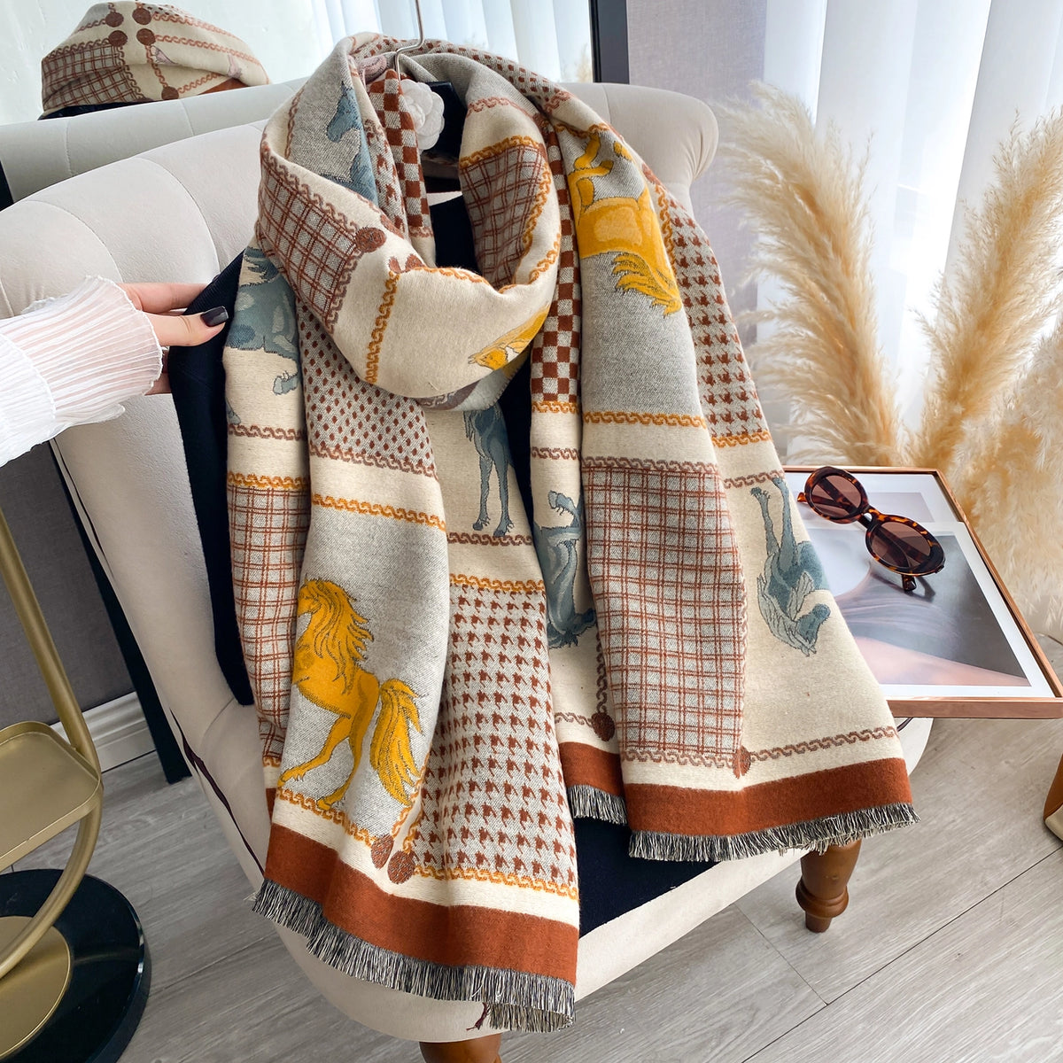 Equine Rearing Reversible Oversized Wrap Scarf - Brown Multi
