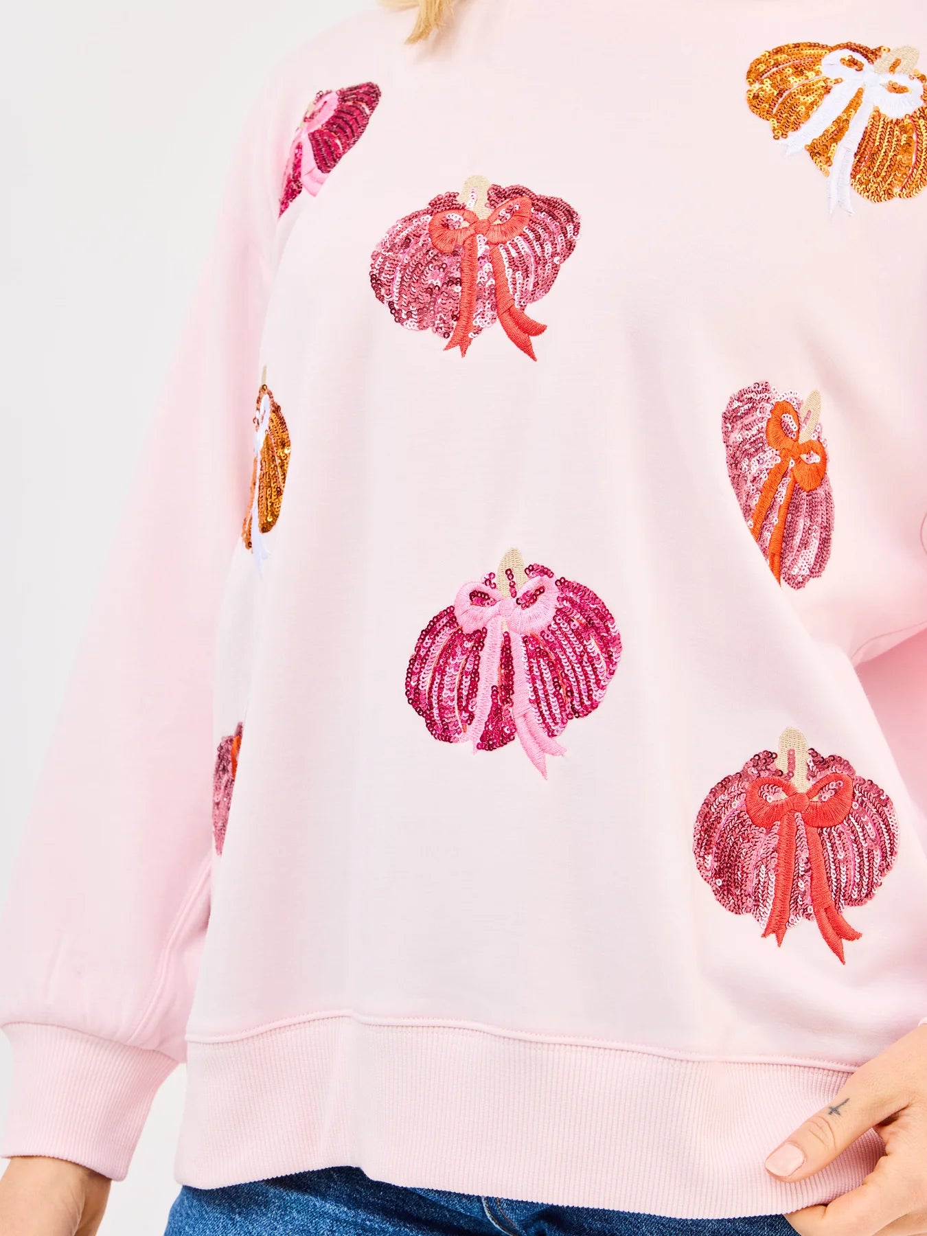 Sarah Pumpkin Bows Embellished Sweatshirt by Mary Square - Pink