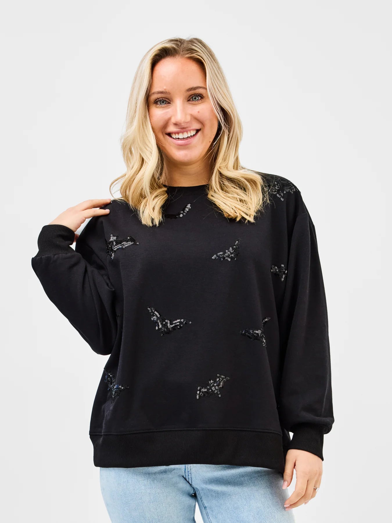 Sarah Sequin Bats Embellished Sweatshirt by Mary Square - Black