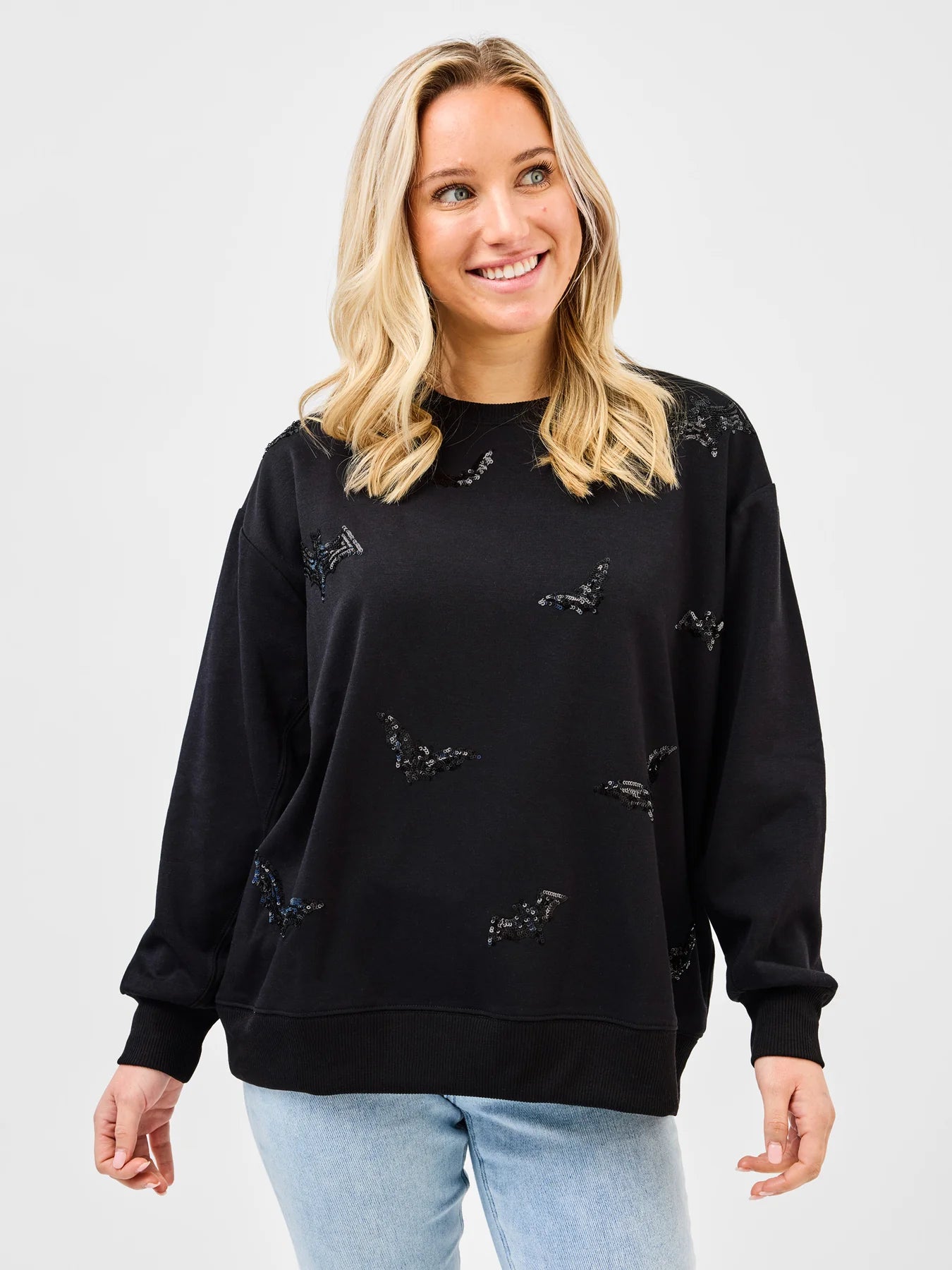 Sarah Sequin Bats Embellished Sweatshirt by Mary Square - Black