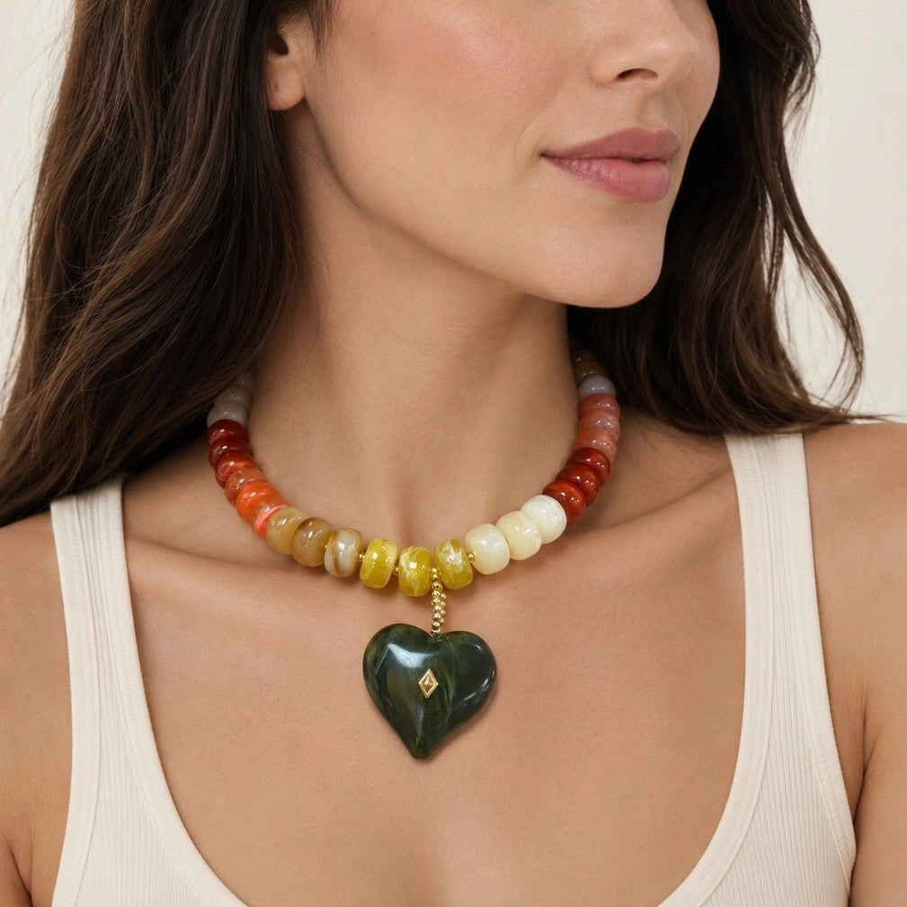 Candy Beaded Heart Charm Necklace - Multicolor