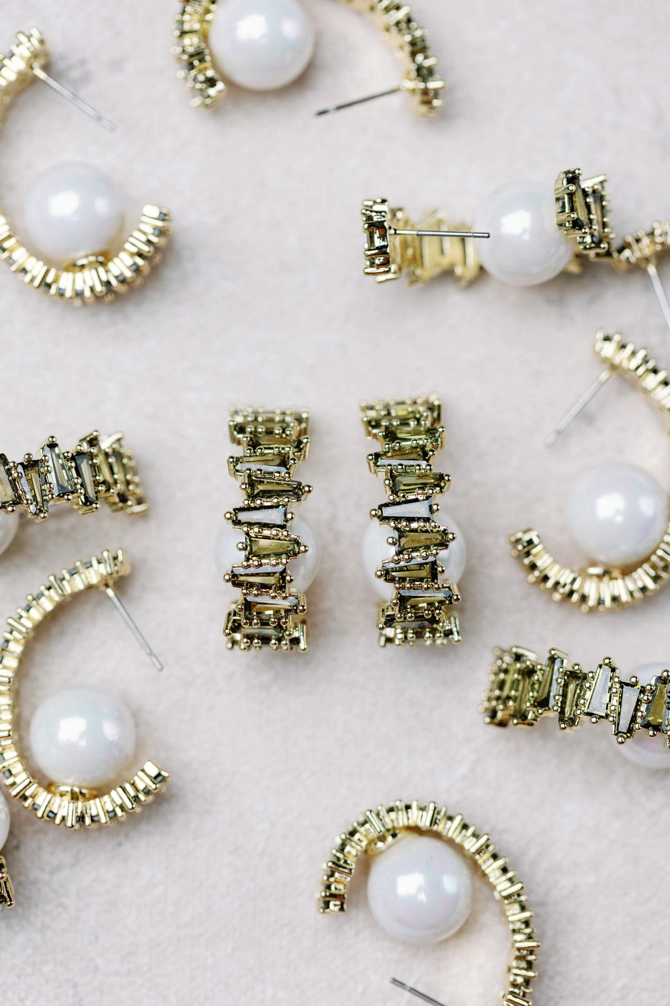 Rhinestone and Pearl Hoop Statement Earrings - Green