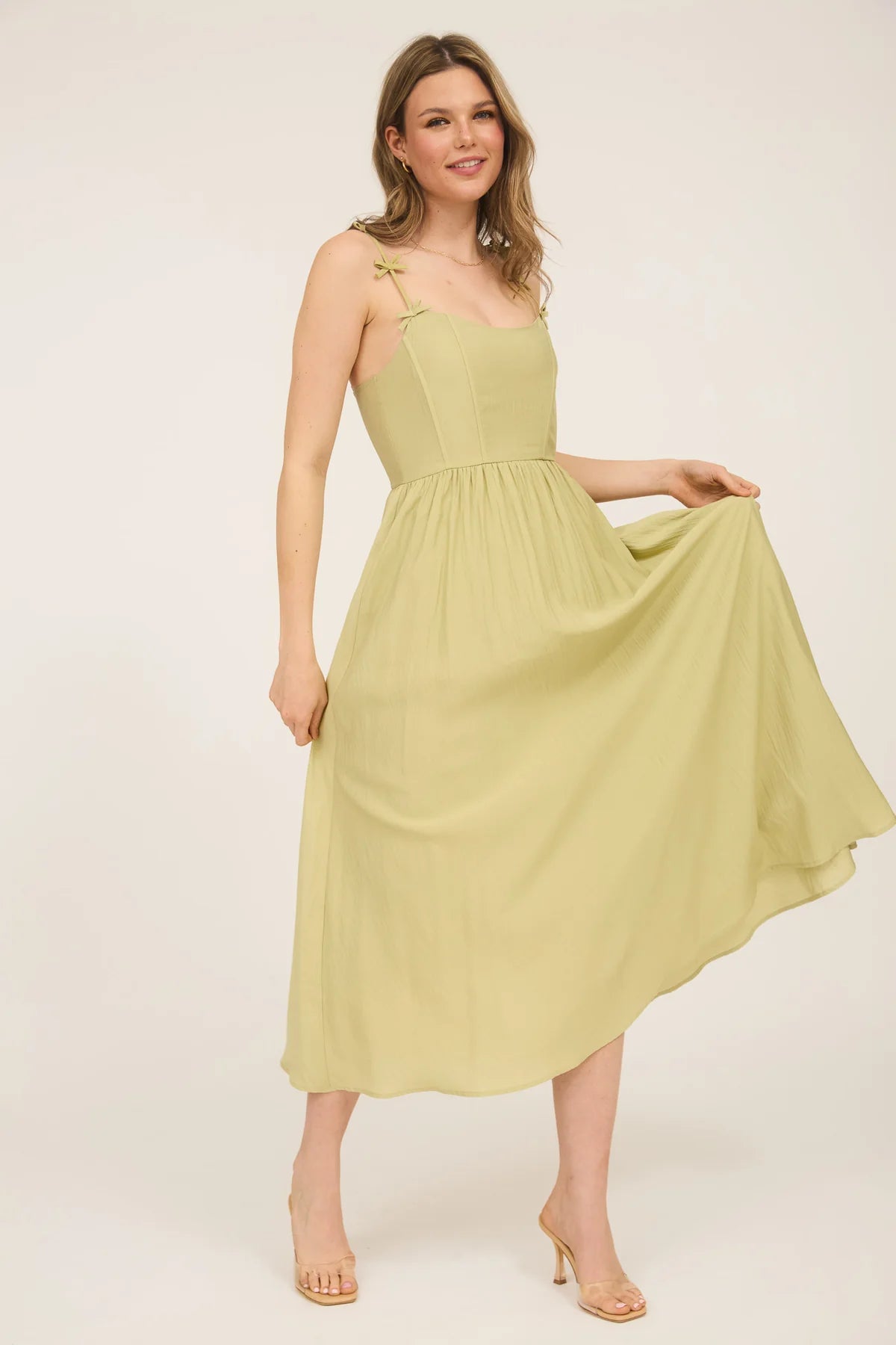 Beth Bow Strap Detail Tank Midi Dress - Pistachio Green