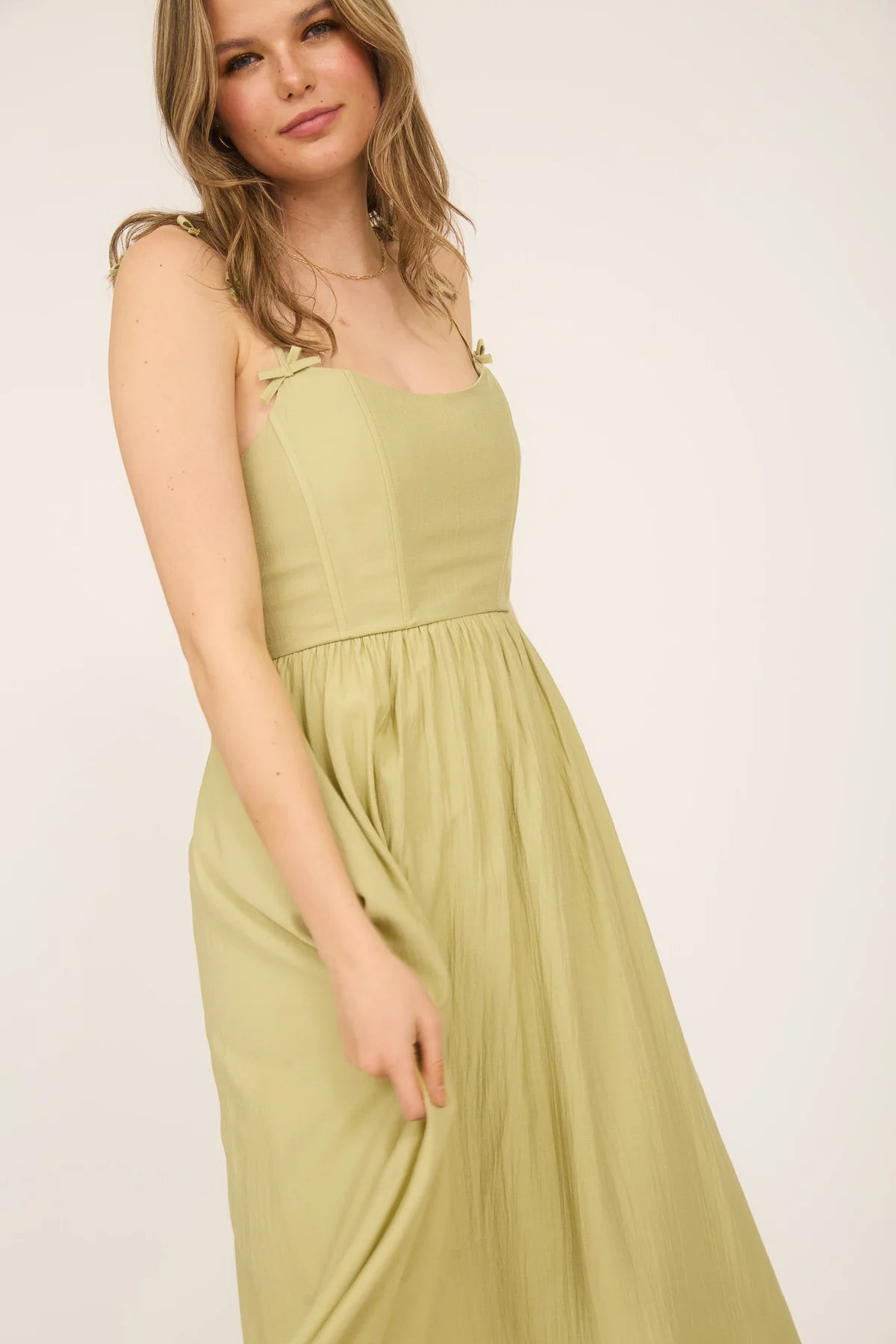 Beth Bow Strap Detail Tank Midi Dress - Pistachio Green