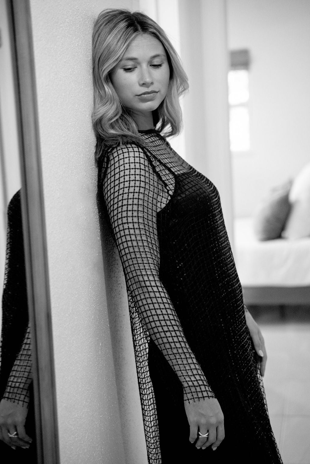 Blair Sequined Net Long Sleeve Slip Dress - Black