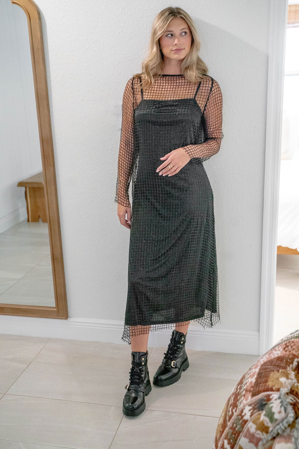 Blair Sequined Net Long Sleeve Slip Dress - Black