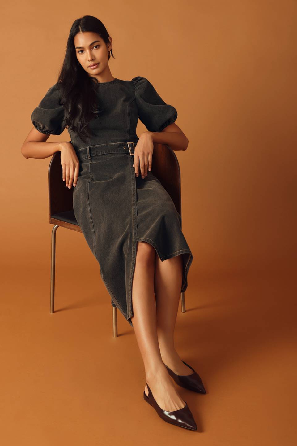 McKenzi Washed Denim Belted Wrap Midi Dress - Black
