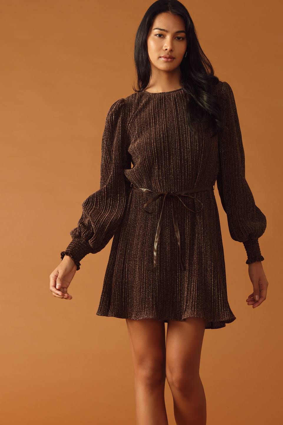 Payton Long Sleeve Metallic Shimmer Belted Mini Dress - Mocha