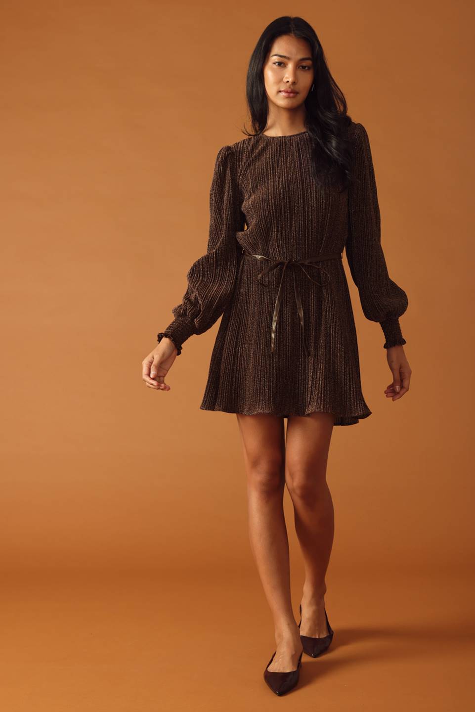 Payton Long Sleeve Metallic Shimmer Belted Mini Dress - Mocha
