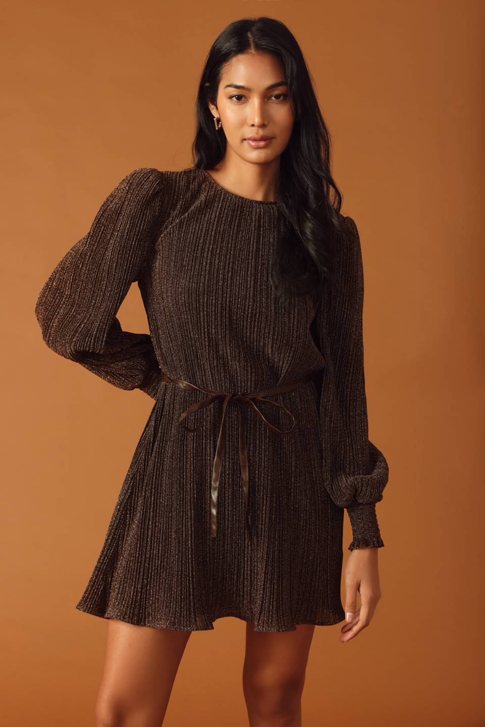 Payton Long Sleeve Metallic Shimmer Belted Mini Dress - Mocha