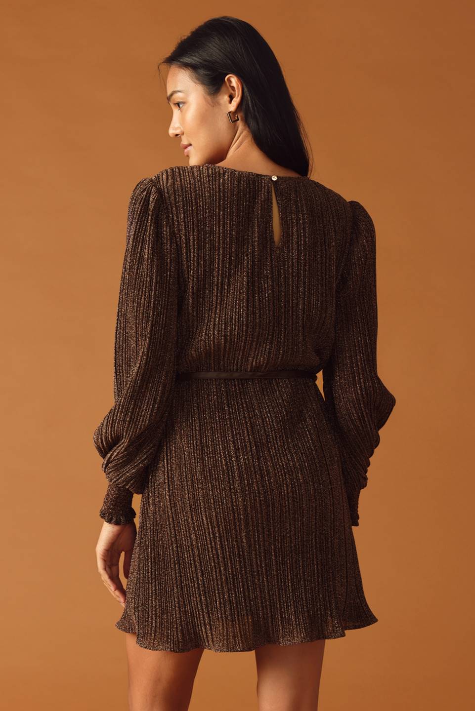 Payton Long Sleeve Metallic Shimmer Belted Mini Dress - Mocha