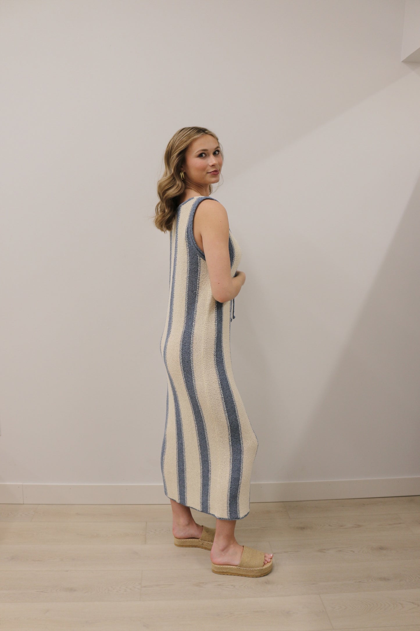 Knit Sleeveless Stripe Deep V Tie Front Midi Dress - Blue Multi