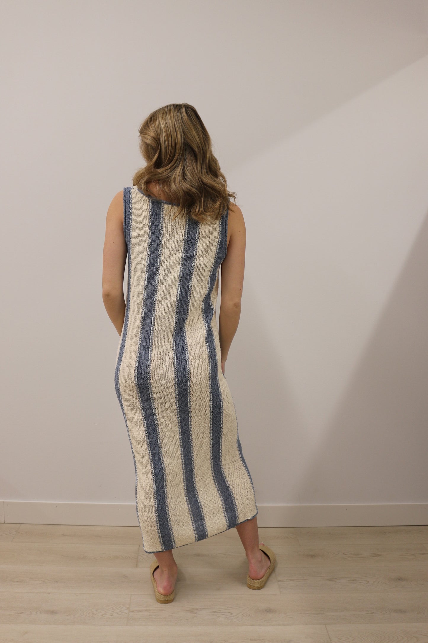 Knit Sleeveless Stripe Deep V Tie Front Midi Dress - Blue Multi