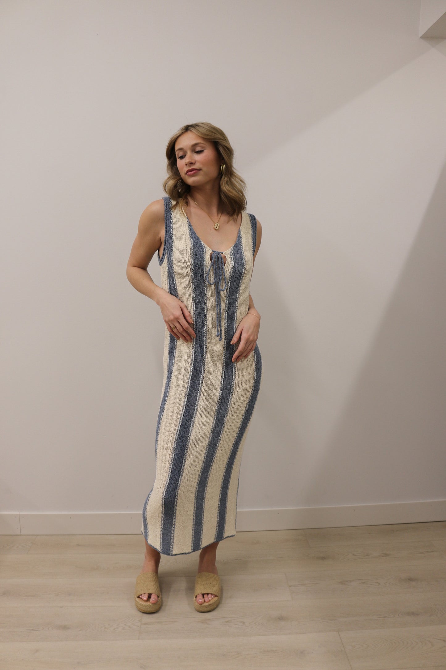 Knit Sleeveless Stripe Deep V Tie Front Midi Dress - Blue Multi