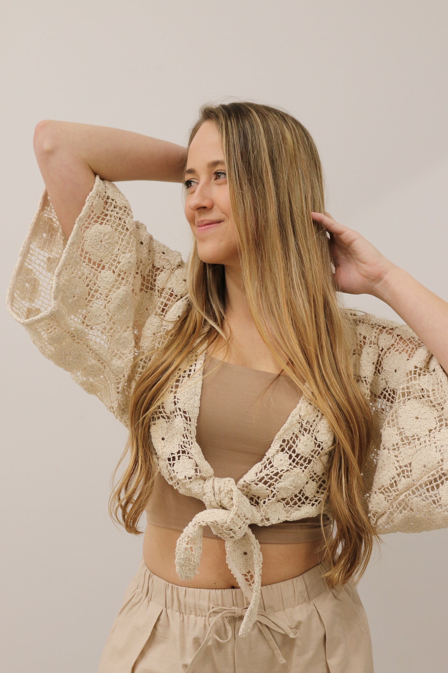 Solid Crochet Floral Tie Front Long Sleeve Crop Top - Natural