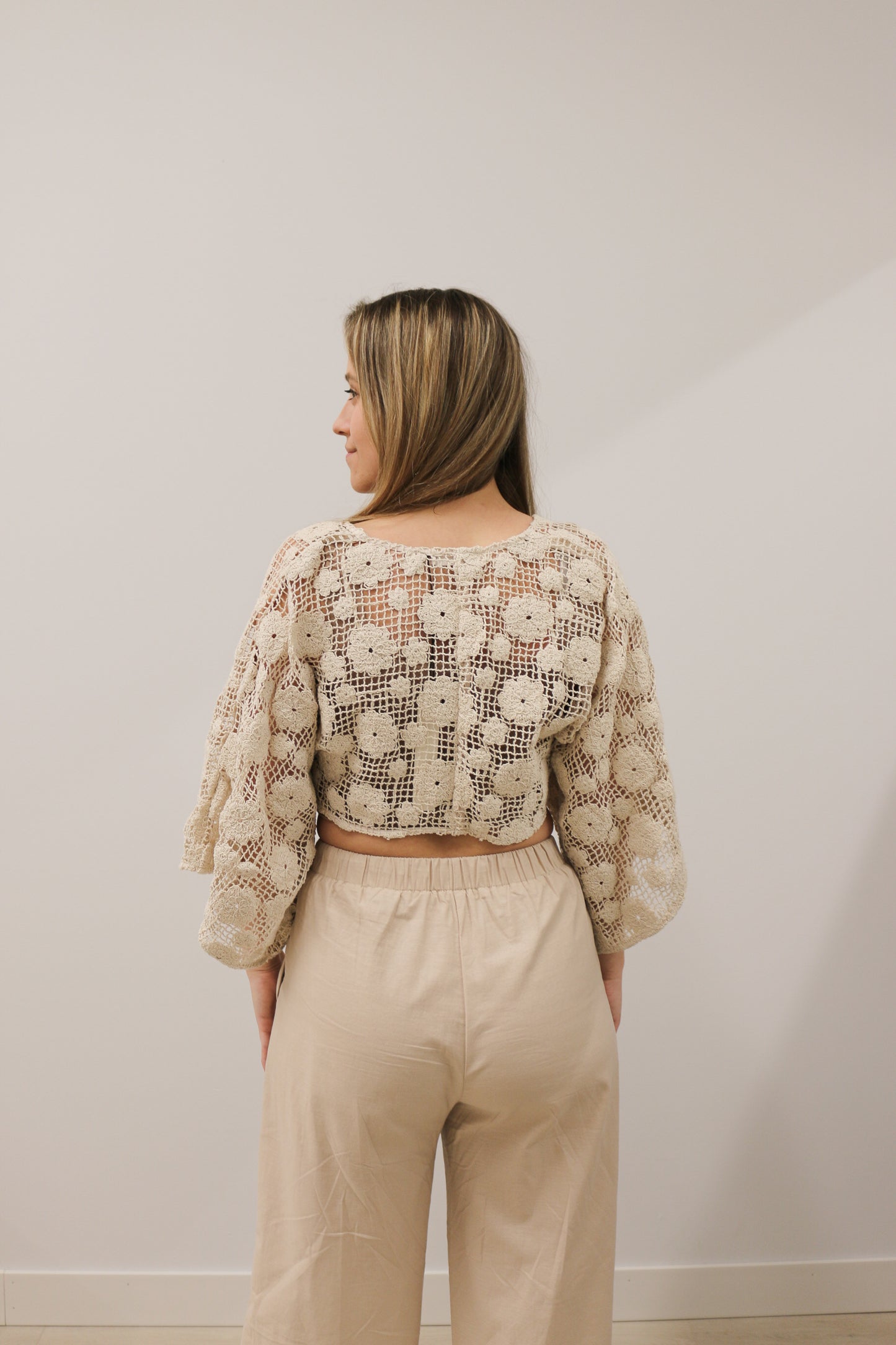 Solid Crochet Floral Tie Front Long Sleeve Crop Top - Natural