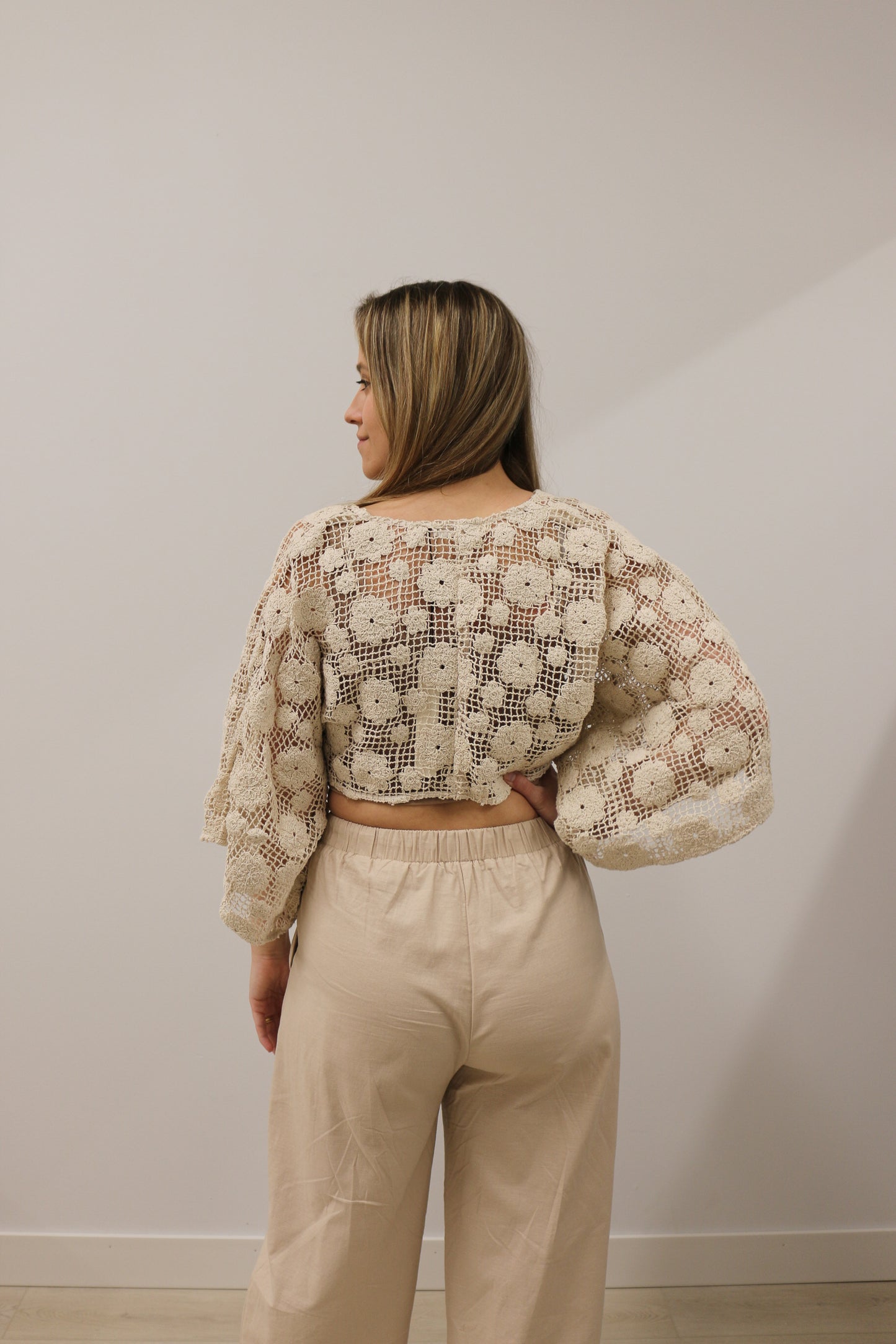 Solid Crochet Floral Tie Front Long Sleeve Crop Top - Natural