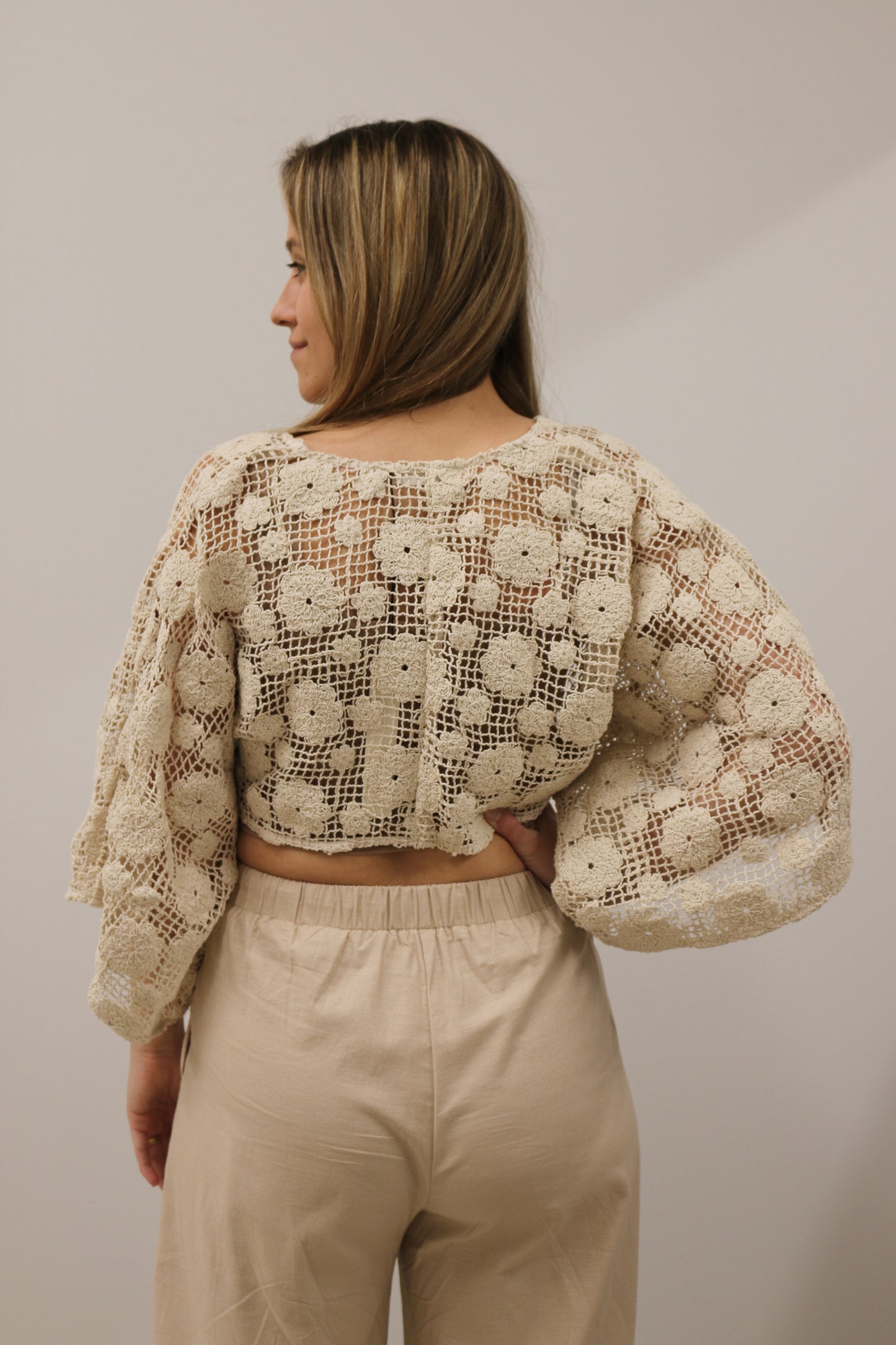 Solid Crochet Floral Tie Front Long Sleeve Crop Top - Natural