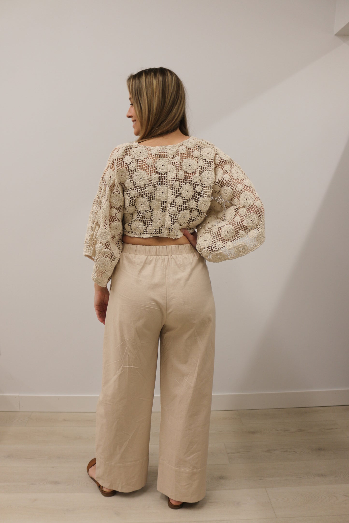 Solid Crochet Floral Tie Front Long Sleeve Crop Top - Natural