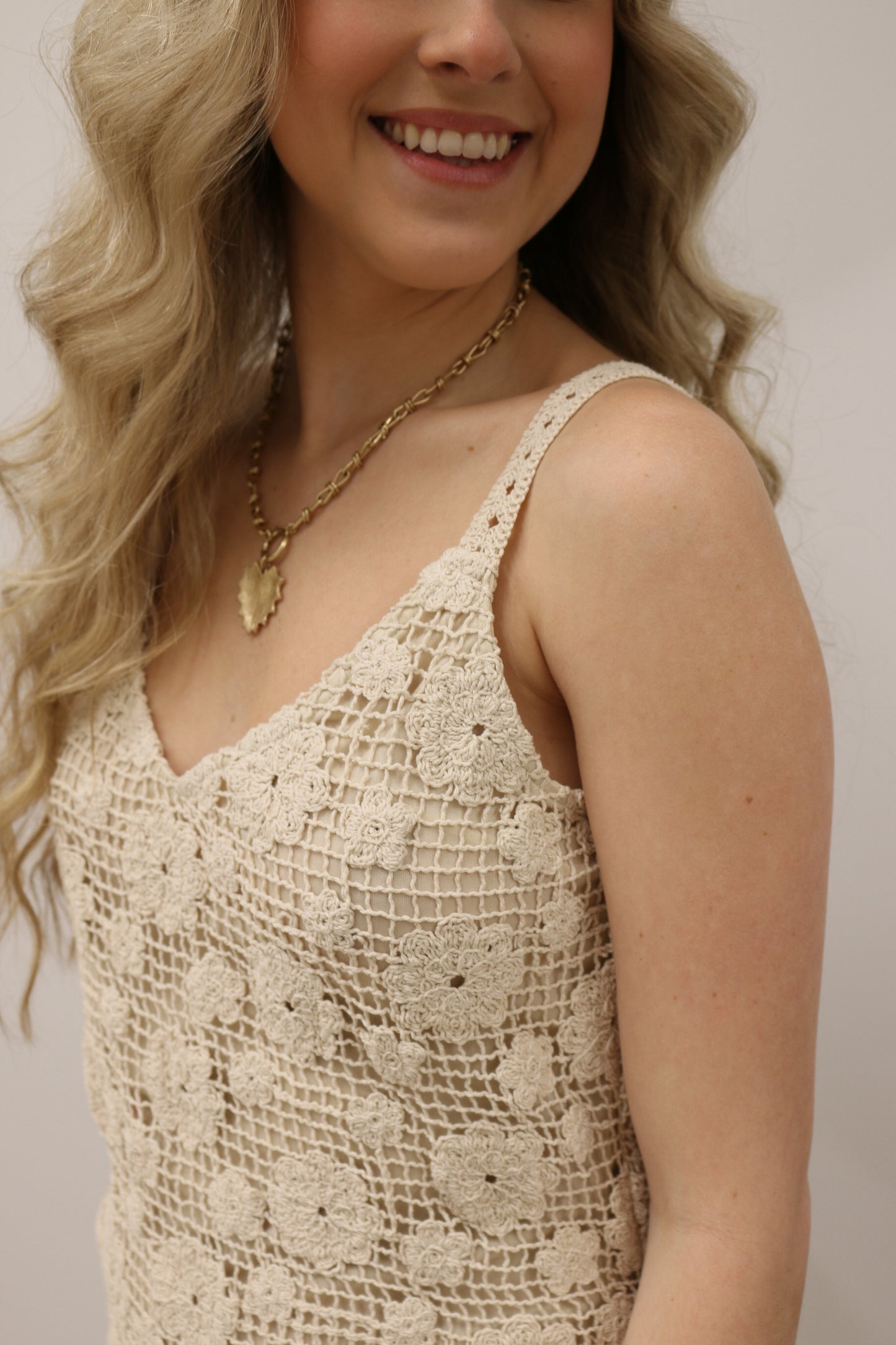 Solid Crochet Floral Sleeveless Slit Maxi Dress - Natural