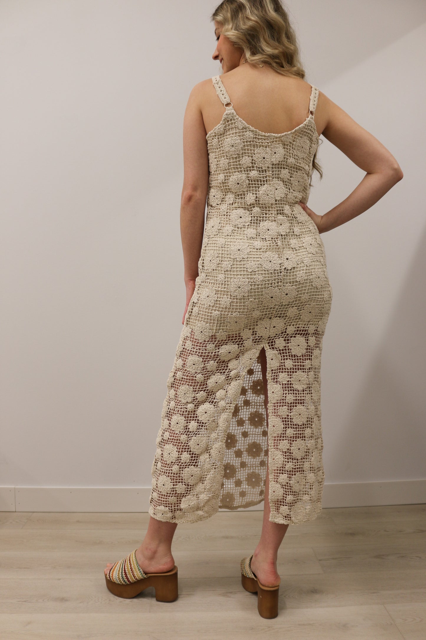 Solid Crochet Floral Sleeveless Slit Maxi Dress - Natural