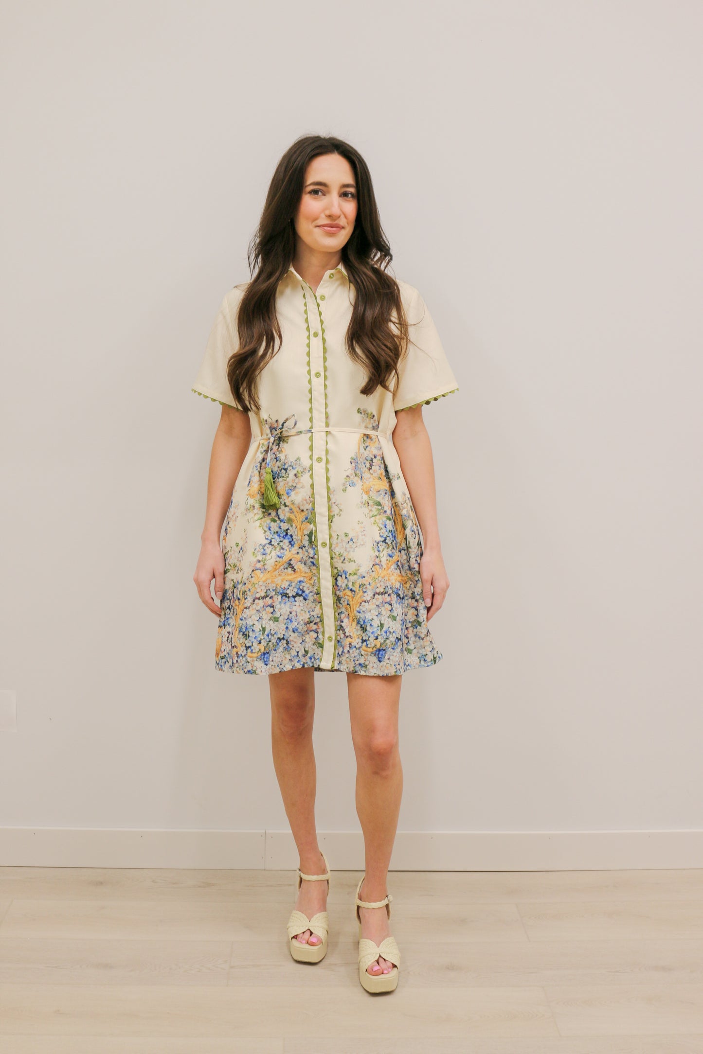 Hydrangea Abstract Print Short Sleeve Collared Mini Dress - Natural Multi