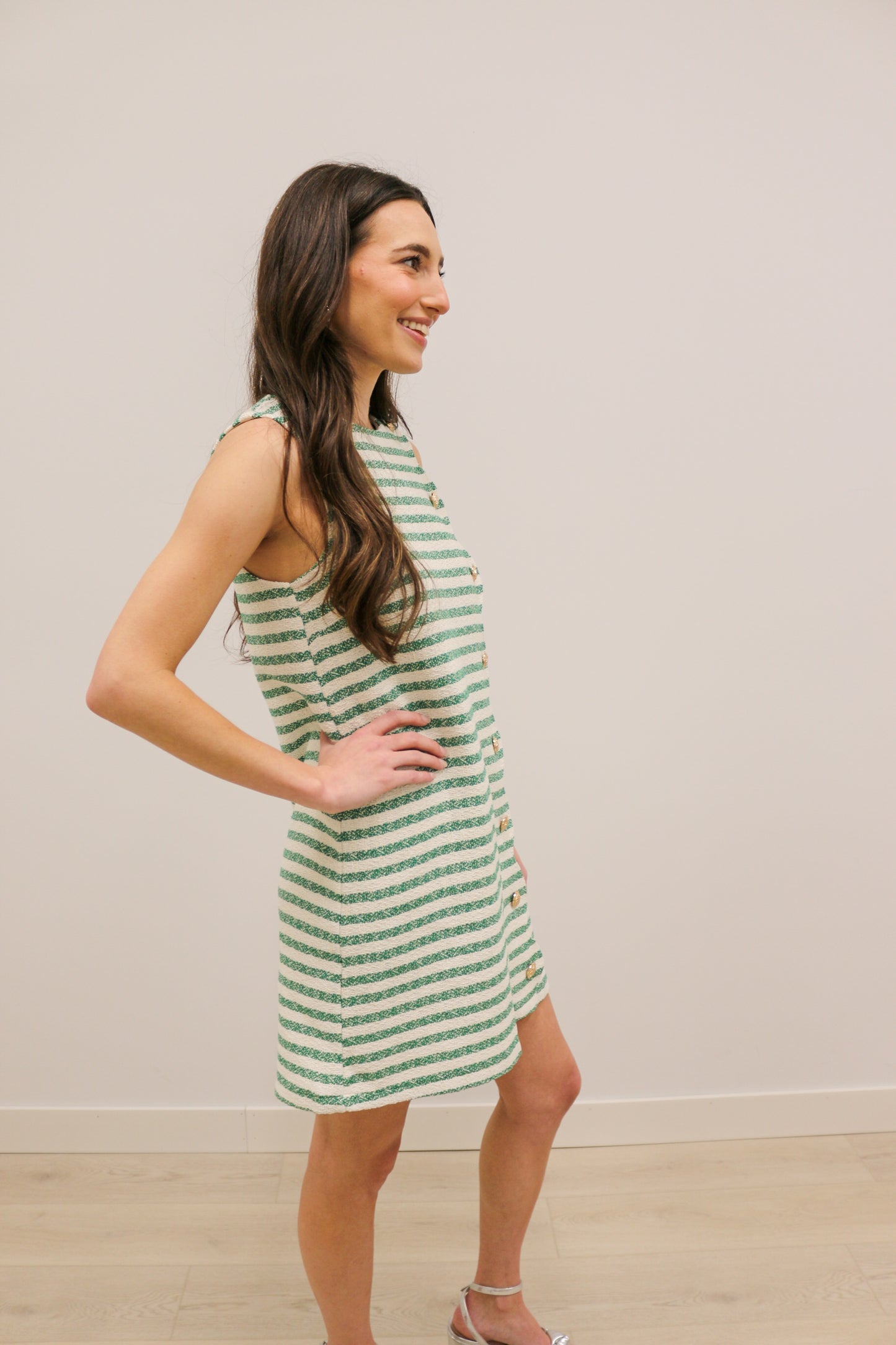Rachel Sleeveless Scallop Front Boucle Stripe Gold Button Mini Dress - Green Multi