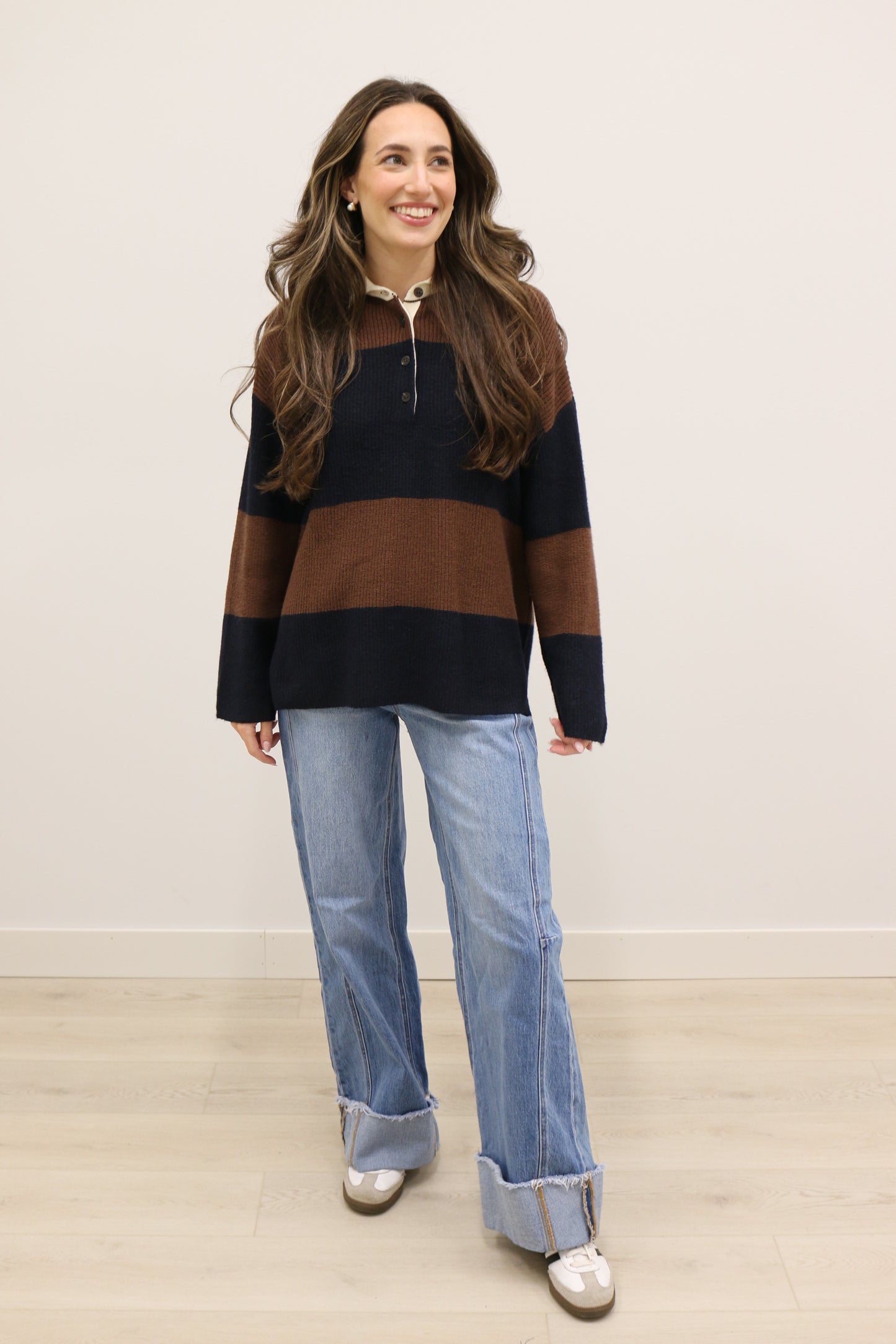 Rugby Stripe Play Contrast Collar Polo Long Sleeve Sweater - Brown Navy