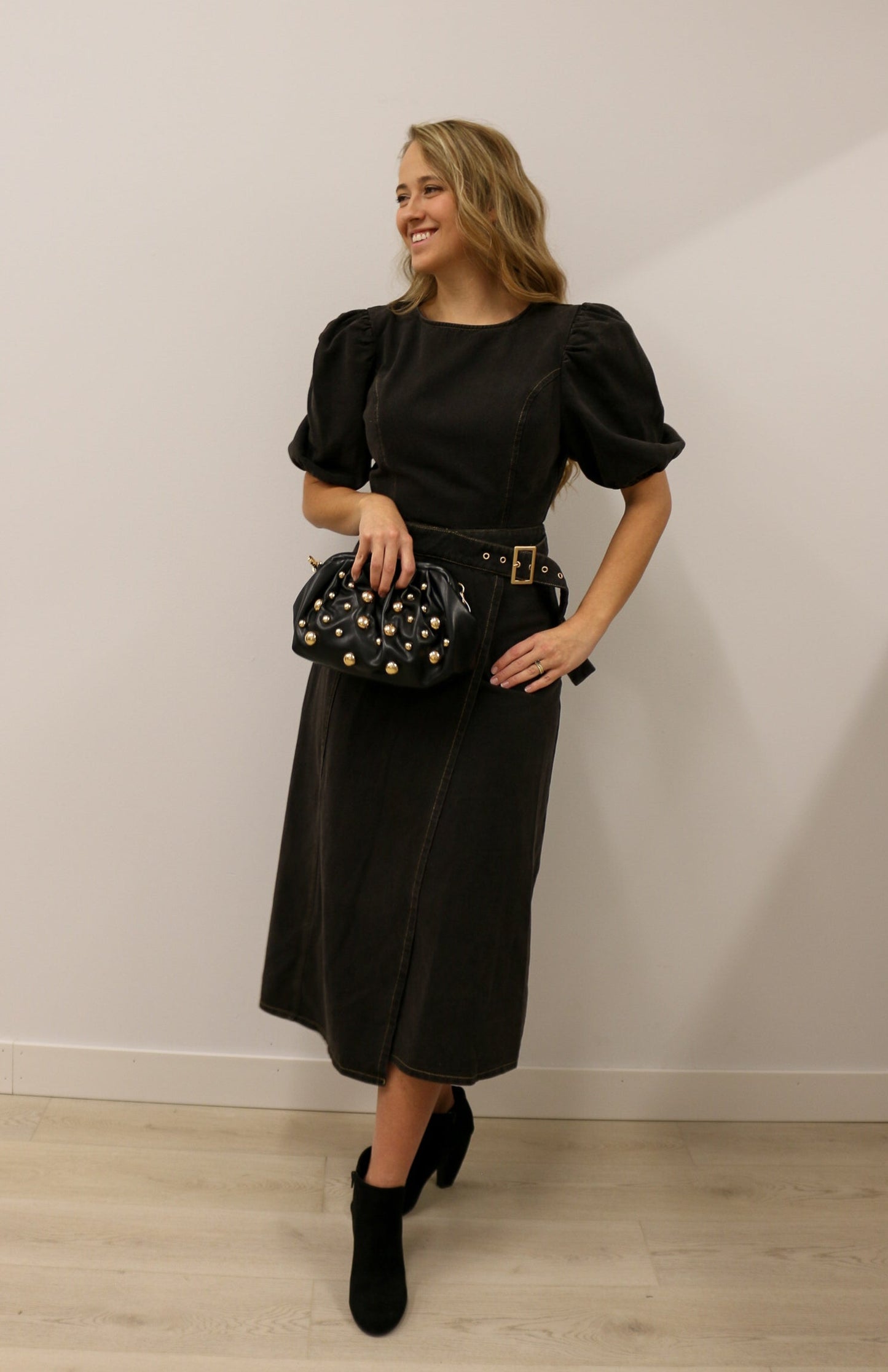McKenzi Washed Denim Belted Wrap Midi Dress - Black