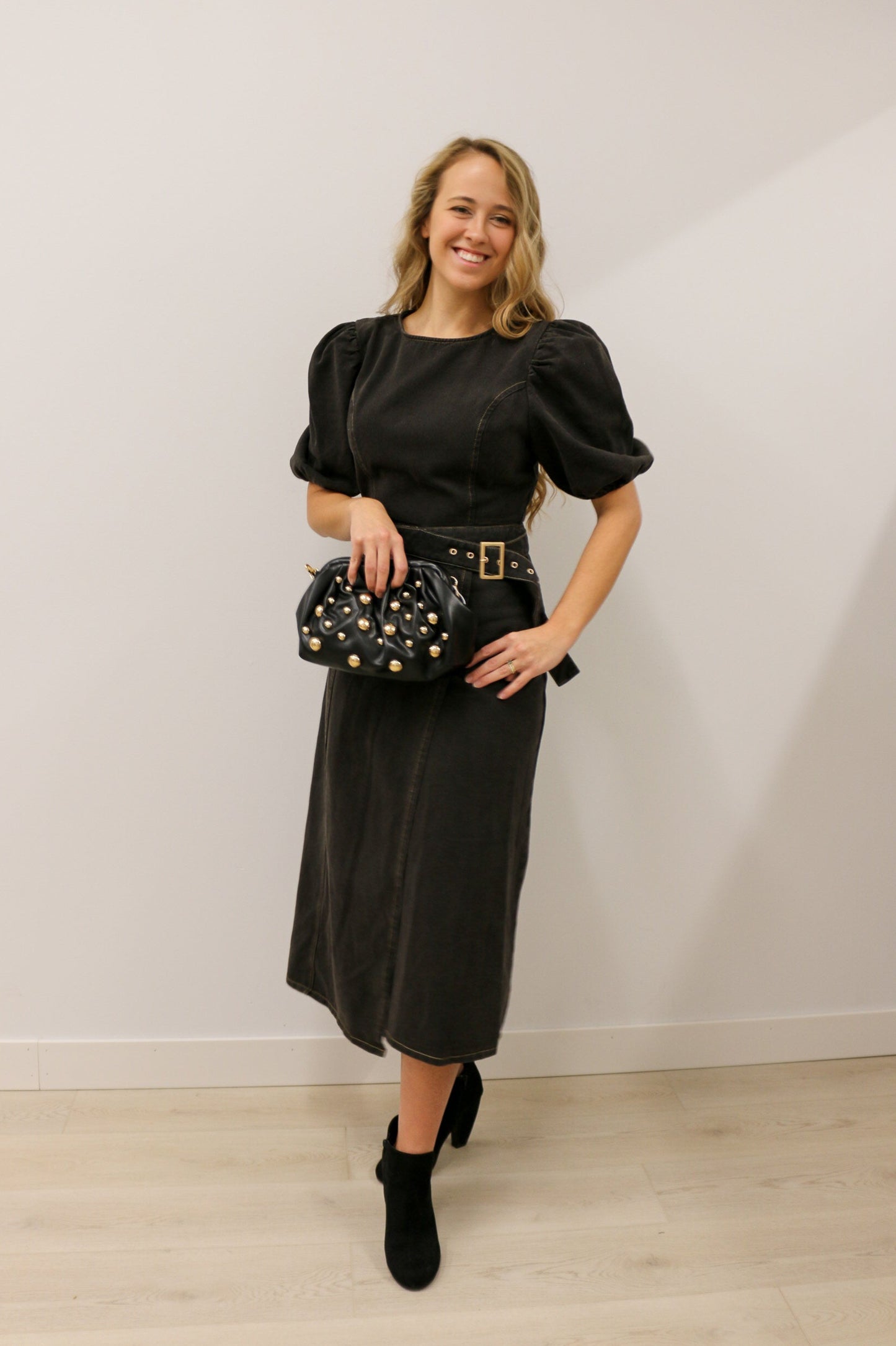 McKenzi Washed Denim Belted Wrap Midi Dress - Black