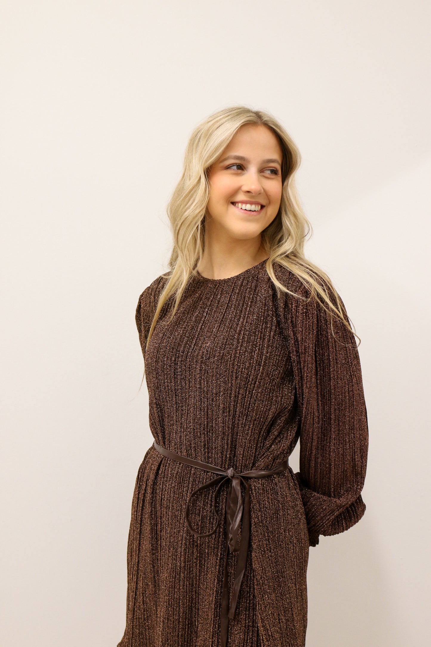 Payton Long Sleeve Metallic Shimmer Belted Mini Dress - Mocha
