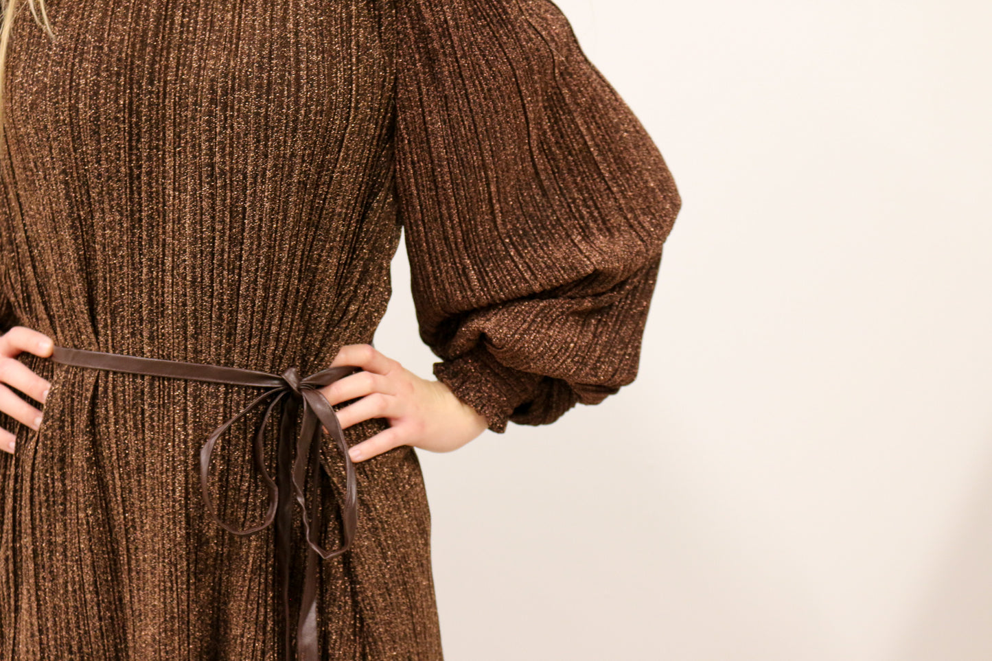Payton Long Sleeve Metallic Shimmer Belted Mini Dress - Mocha