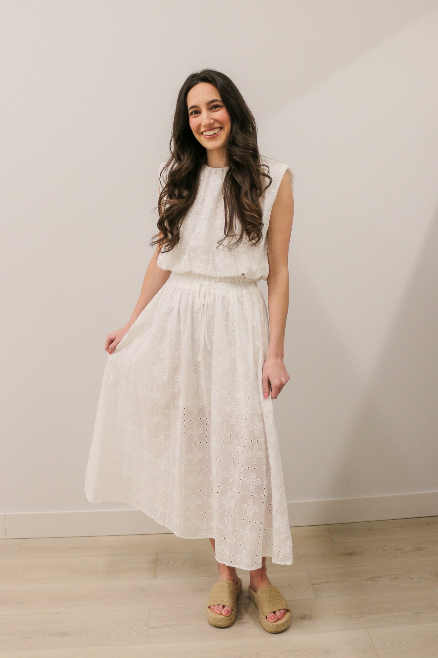 Eyelet Sleeveless Balloon Hem Blouse and Ruffled Midi Skirt Set - White