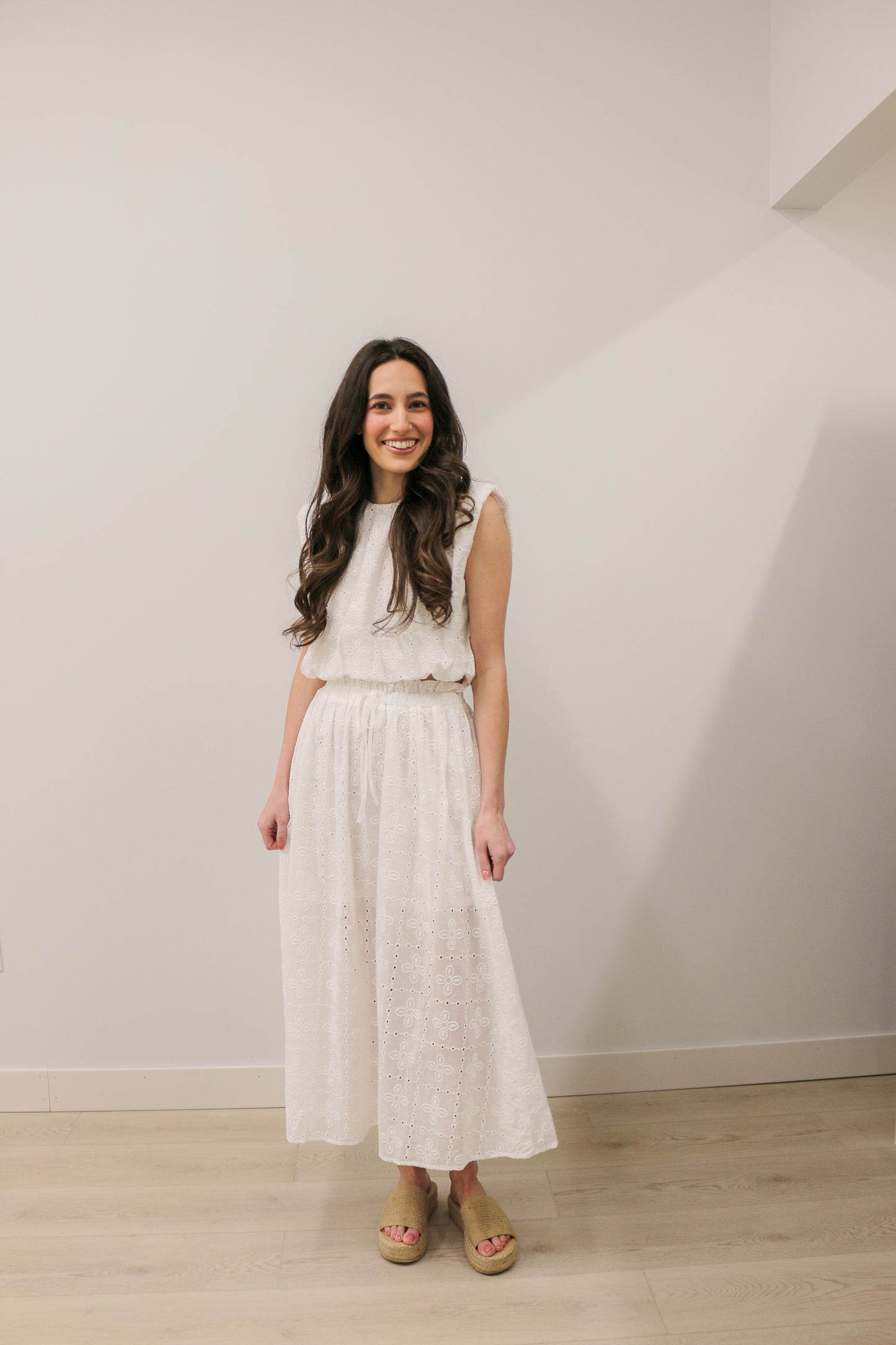 Eyelet Sleeveless Balloon Hem Blouse and Ruffled Midi Skirt Set - White