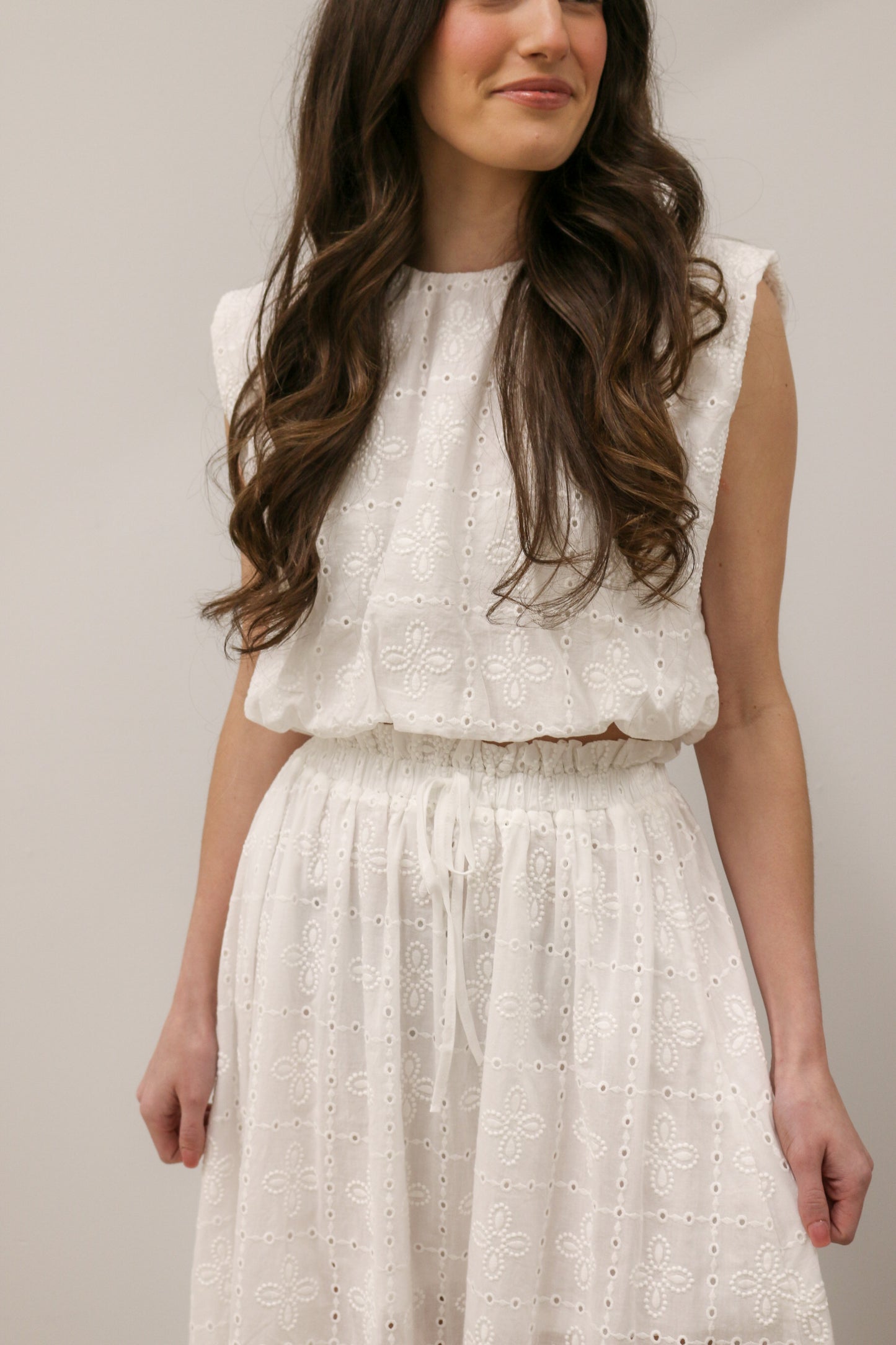 Eyelet Sleeveless Balloon Hem Blouse and Ruffled Midi Skirt Set - White
