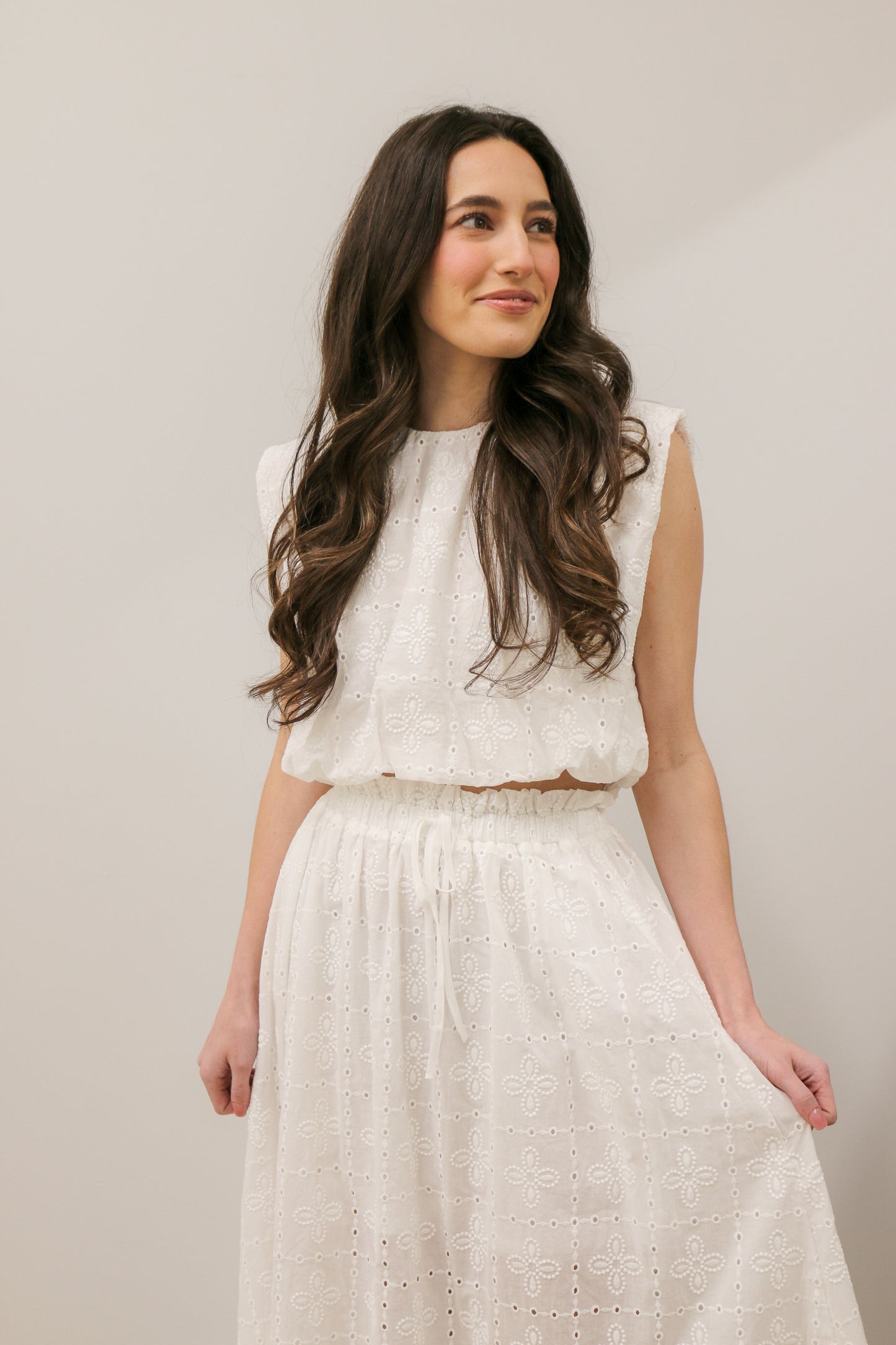 Eyelet Sleeveless Balloon Hem Blouse and Ruffled Midi Skirt Set - White