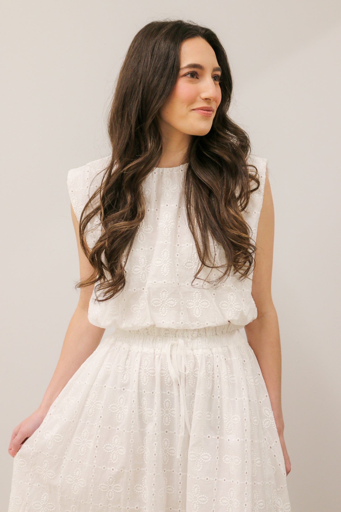 Eyelet Sleeveless Balloon Hem Blouse and Ruffled Midi Skirt Set - White