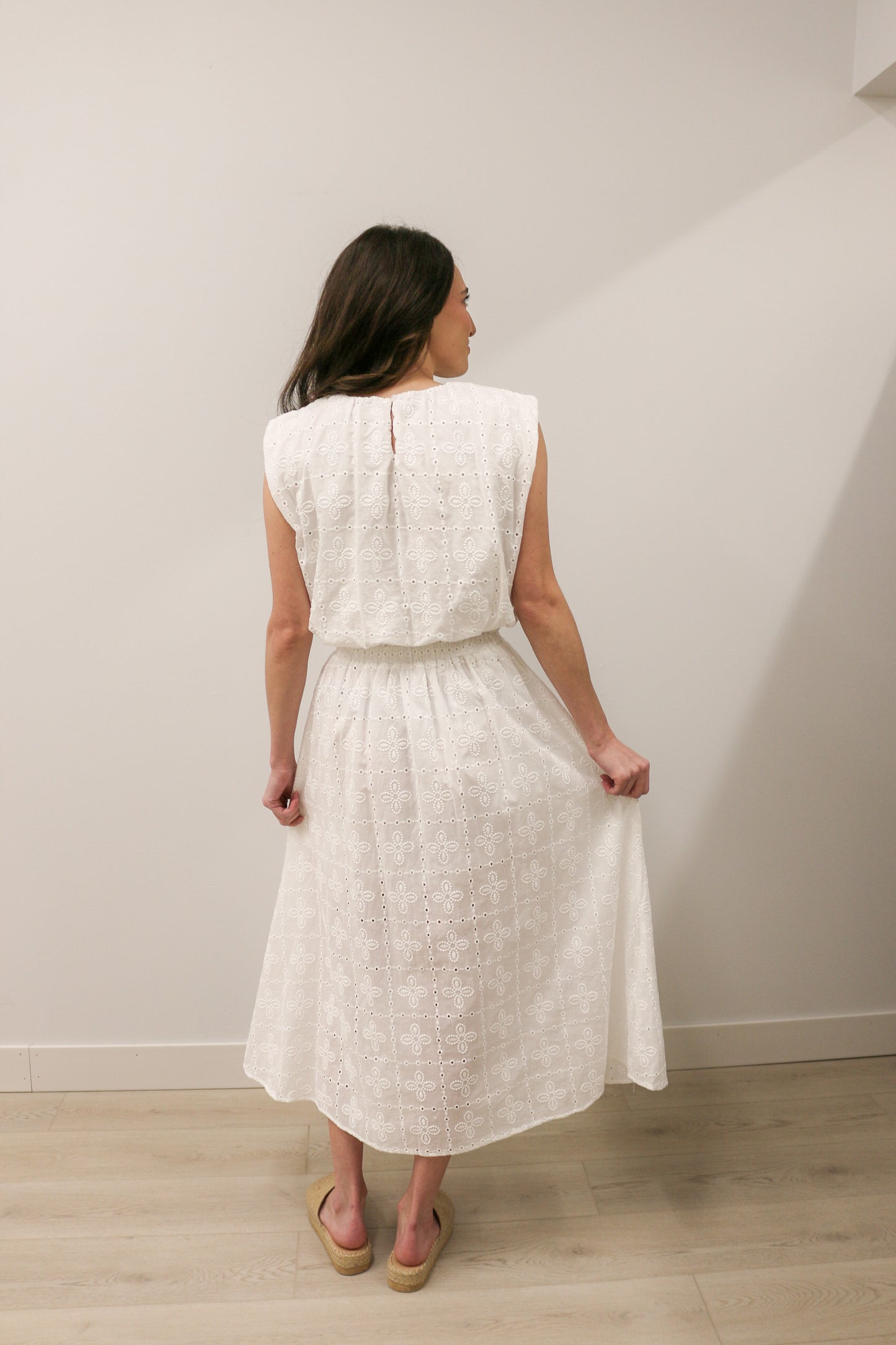 Eyelet Sleeveless Balloon Hem Blouse and Ruffled Midi Skirt Set - White