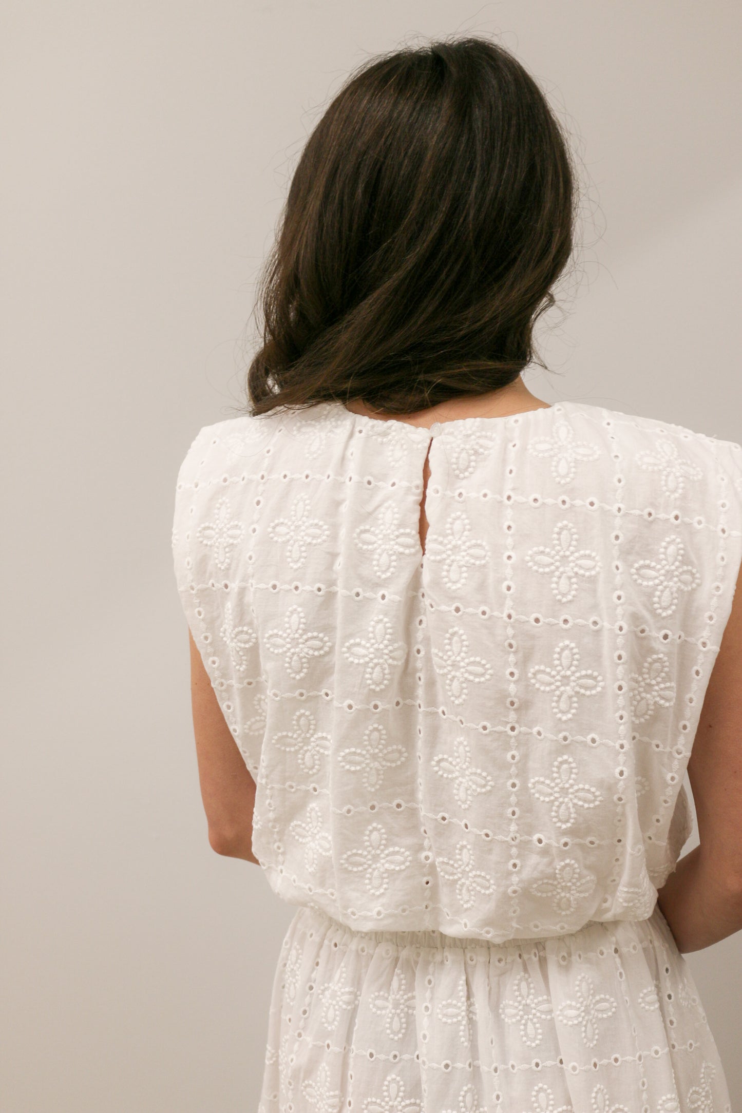 Eyelet Sleeveless Balloon Hem Blouse and Ruffled Midi Skirt Set - White