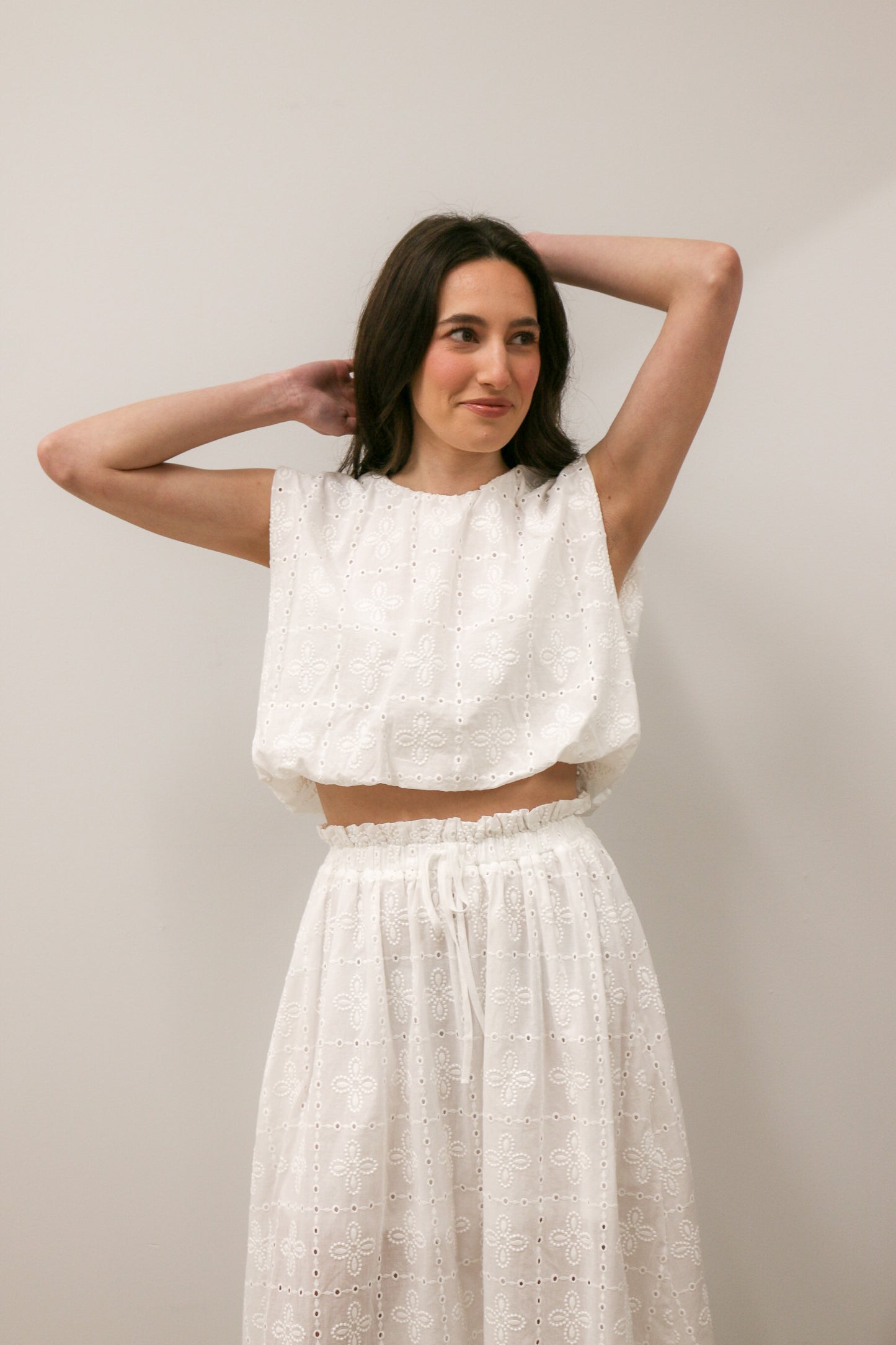Eyelet Sleeveless Balloon Hem Blouse and Ruffled Midi Skirt Set - White